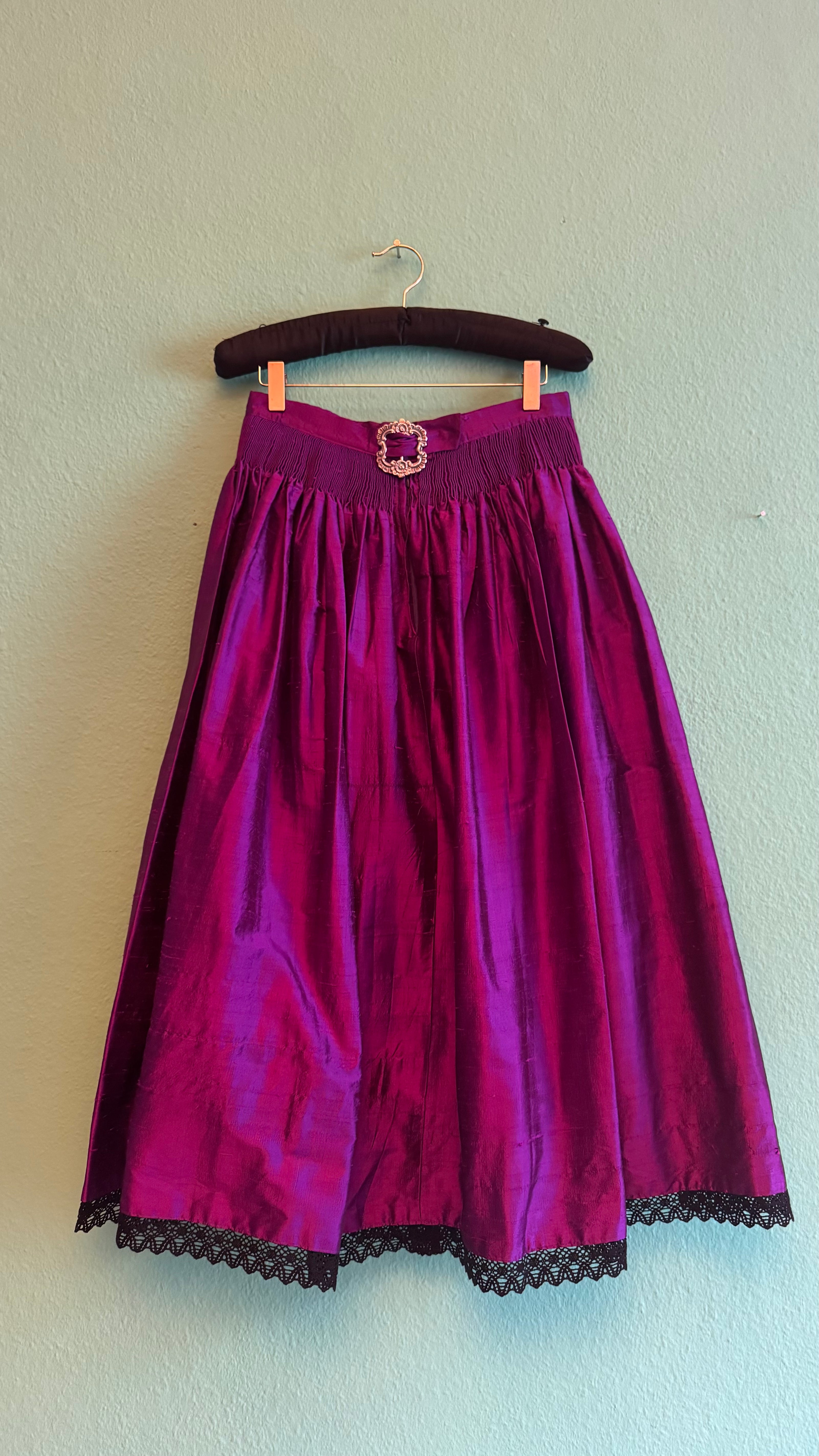 Vintage 1980s Magenta Silk Dirndl Skirt & Blouse Set