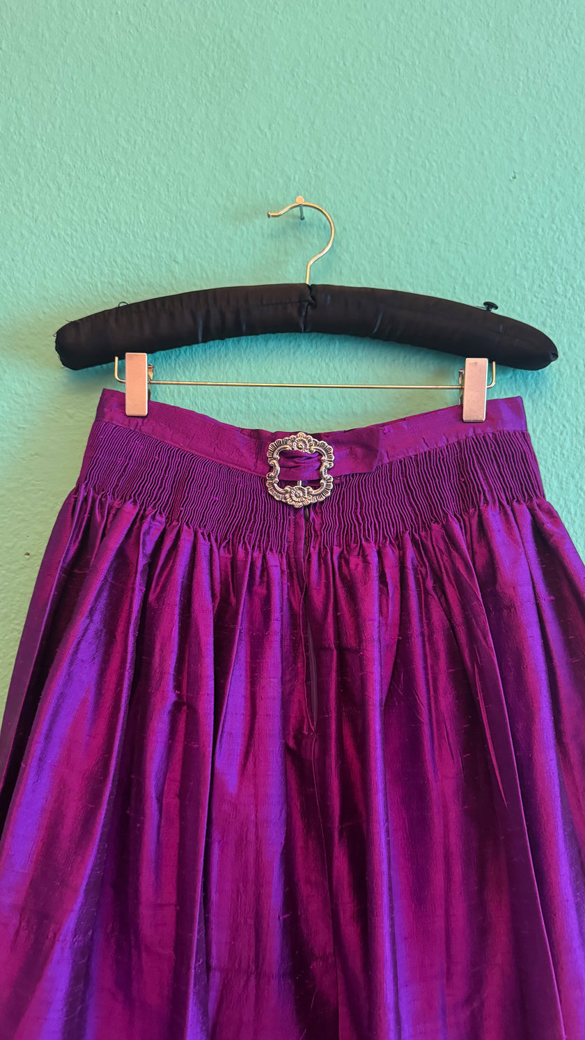 Vintage 1980s Magenta Silk Dirndl Skirt & Blouse Set