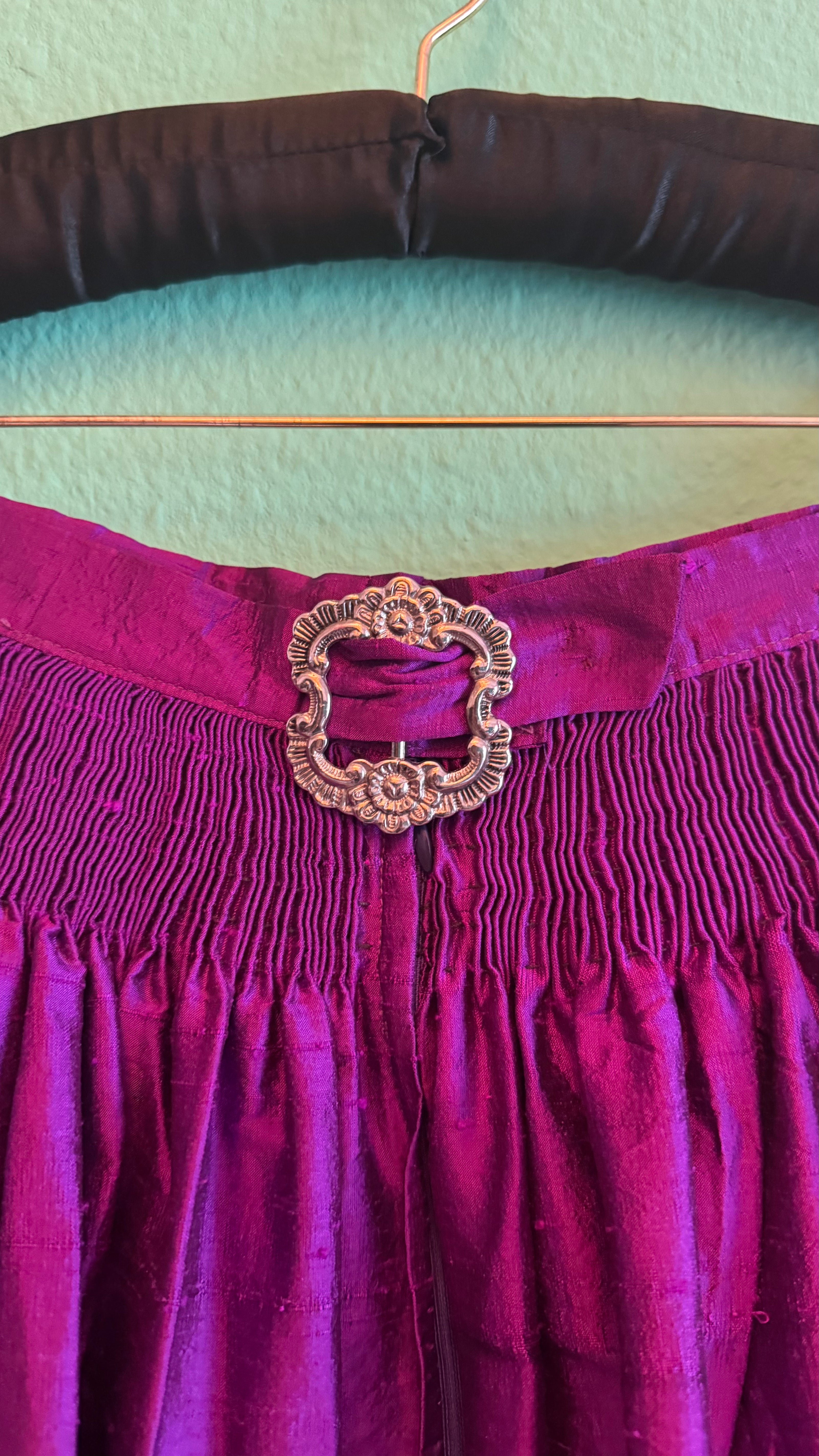 Vintage 1980s Magenta Silk Dirndl Skirt & Blouse Set