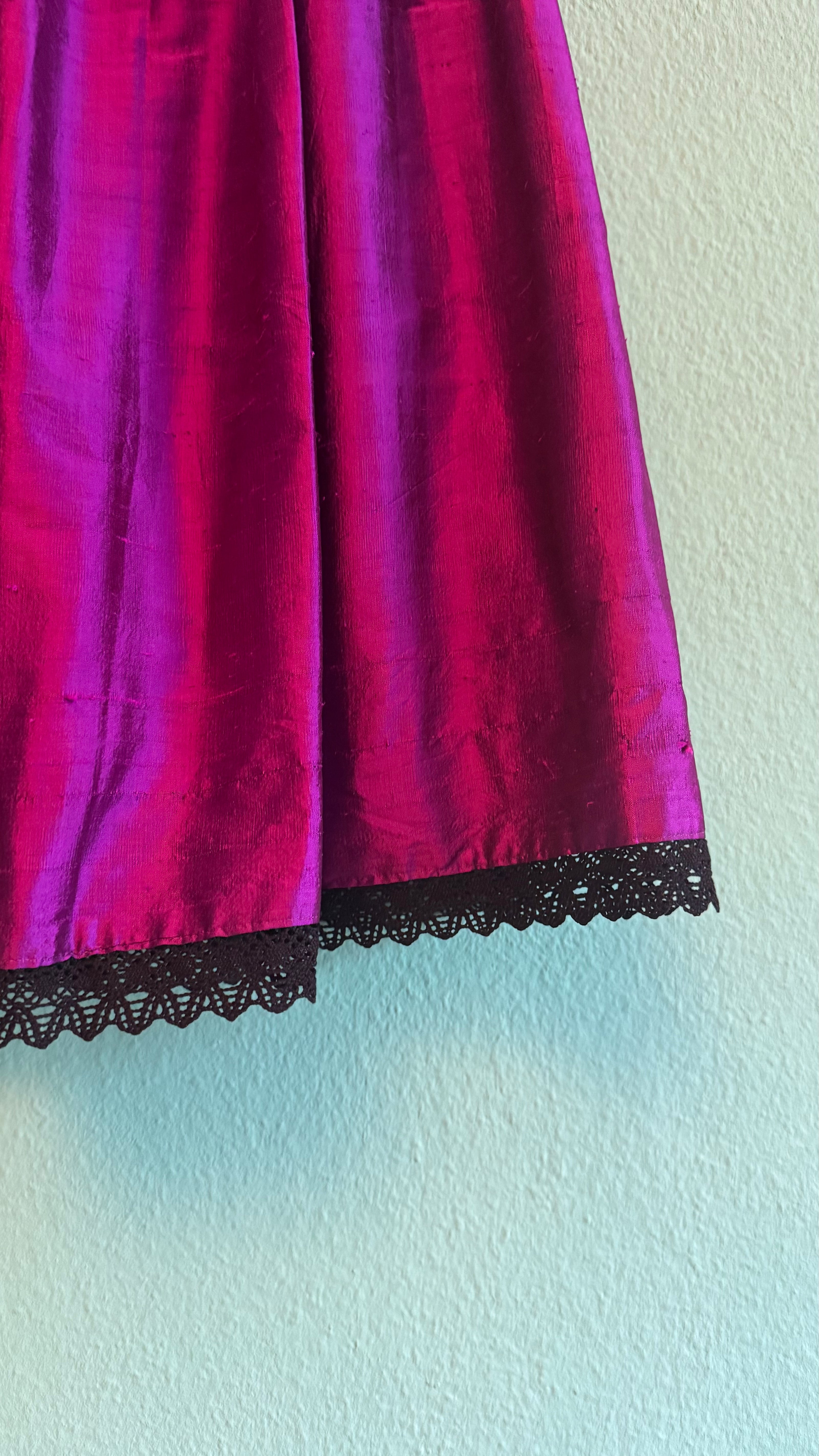 Vintage 1980s Magenta Silk Dirndl Skirt & Blouse Set