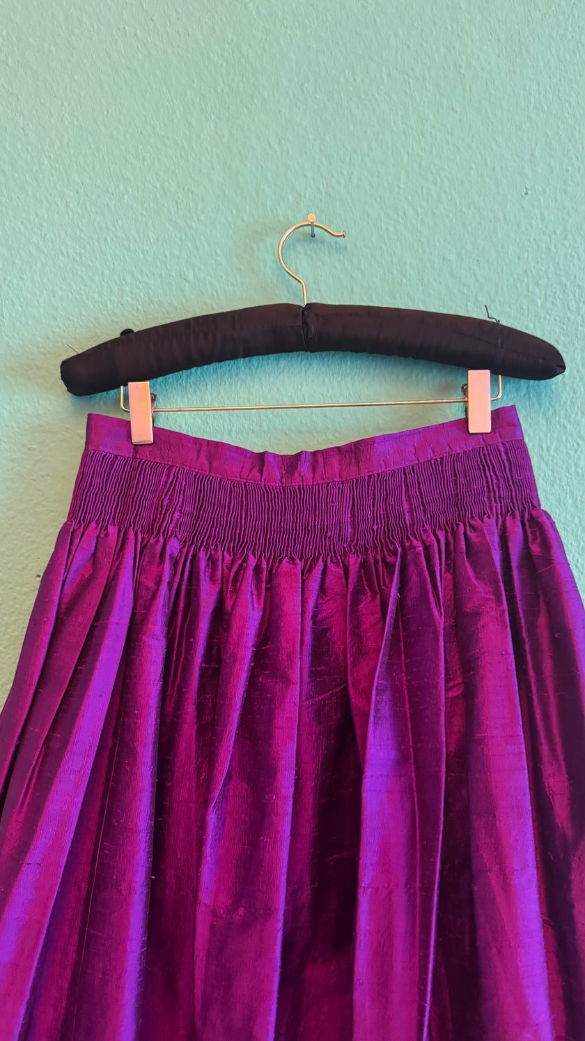 Vintage 1980s Magenta Silk Dirndl Skirt & Blouse Set