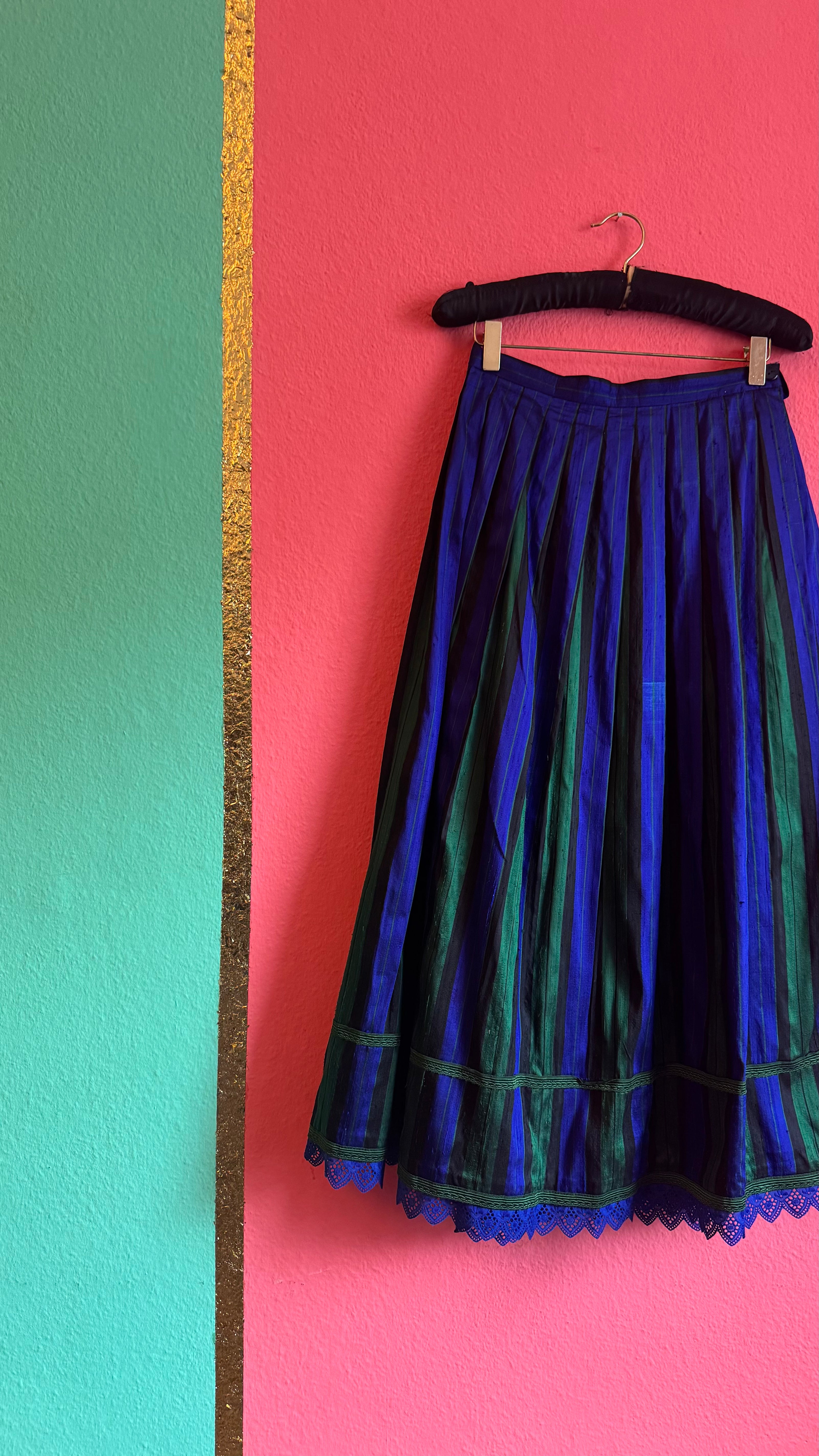 Vintage 1980s Silk Dirndl Skirt With Blue Green Stripes
