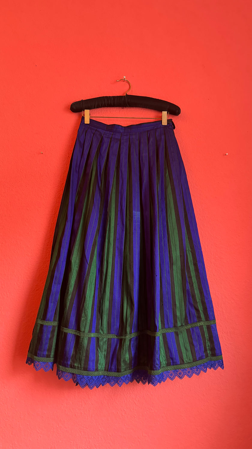 Vintage 1980s Silk Dirndl Skirt With Blue Green Stripes