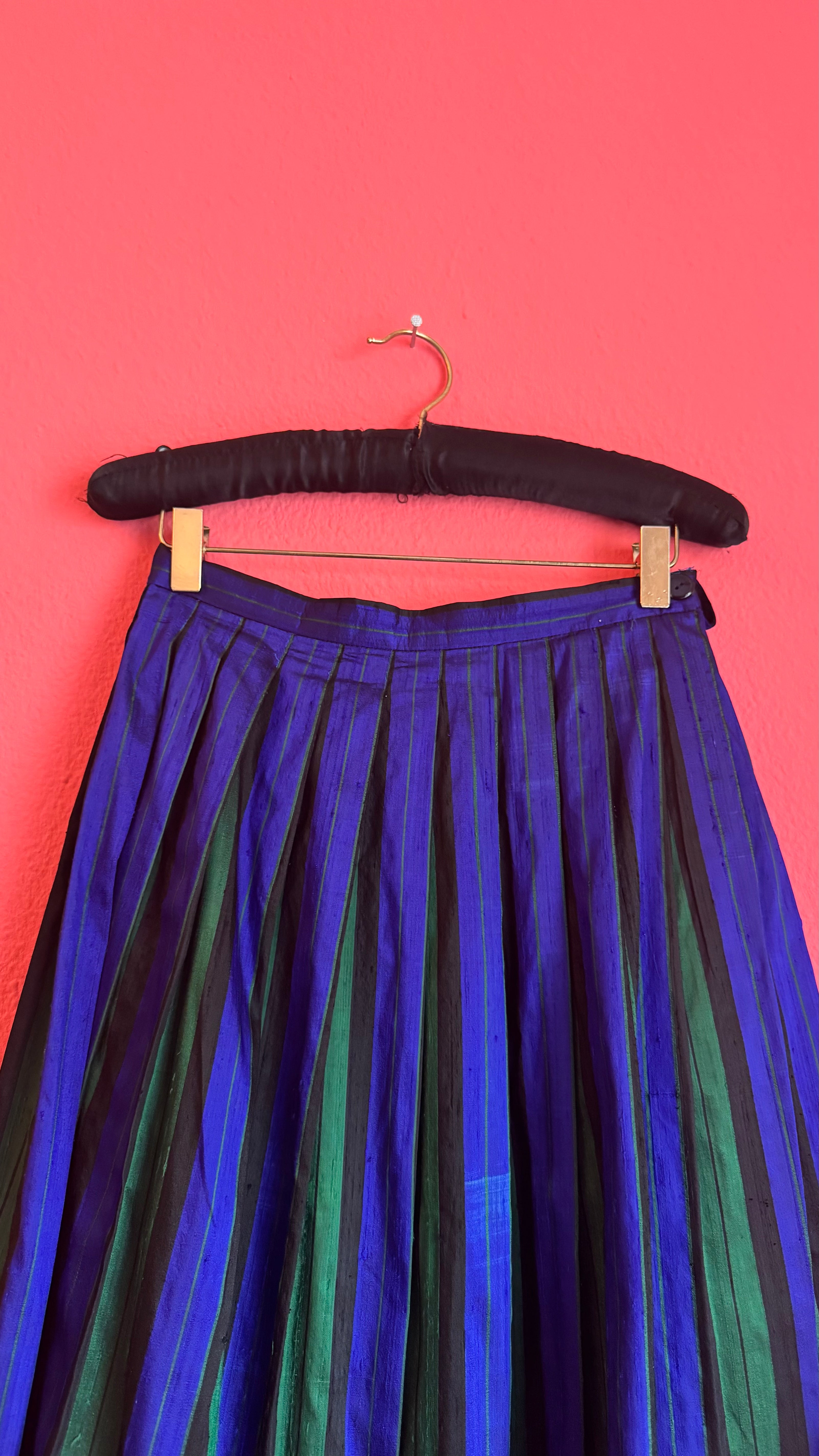 Vintage 1980s Silk Dirndl Skirt With Blue Green Stripes