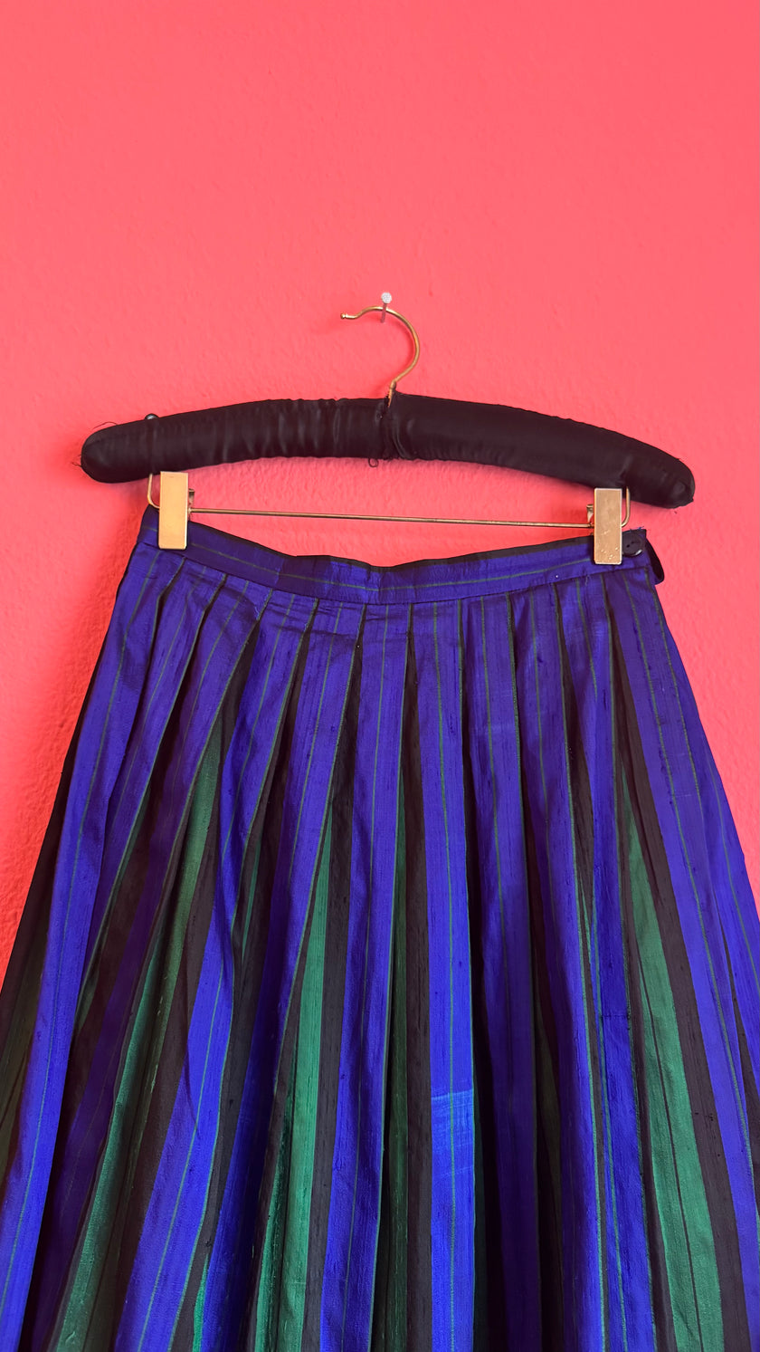 Vintage 1980s Silk Dirndl Skirt With Blue Green Stripes