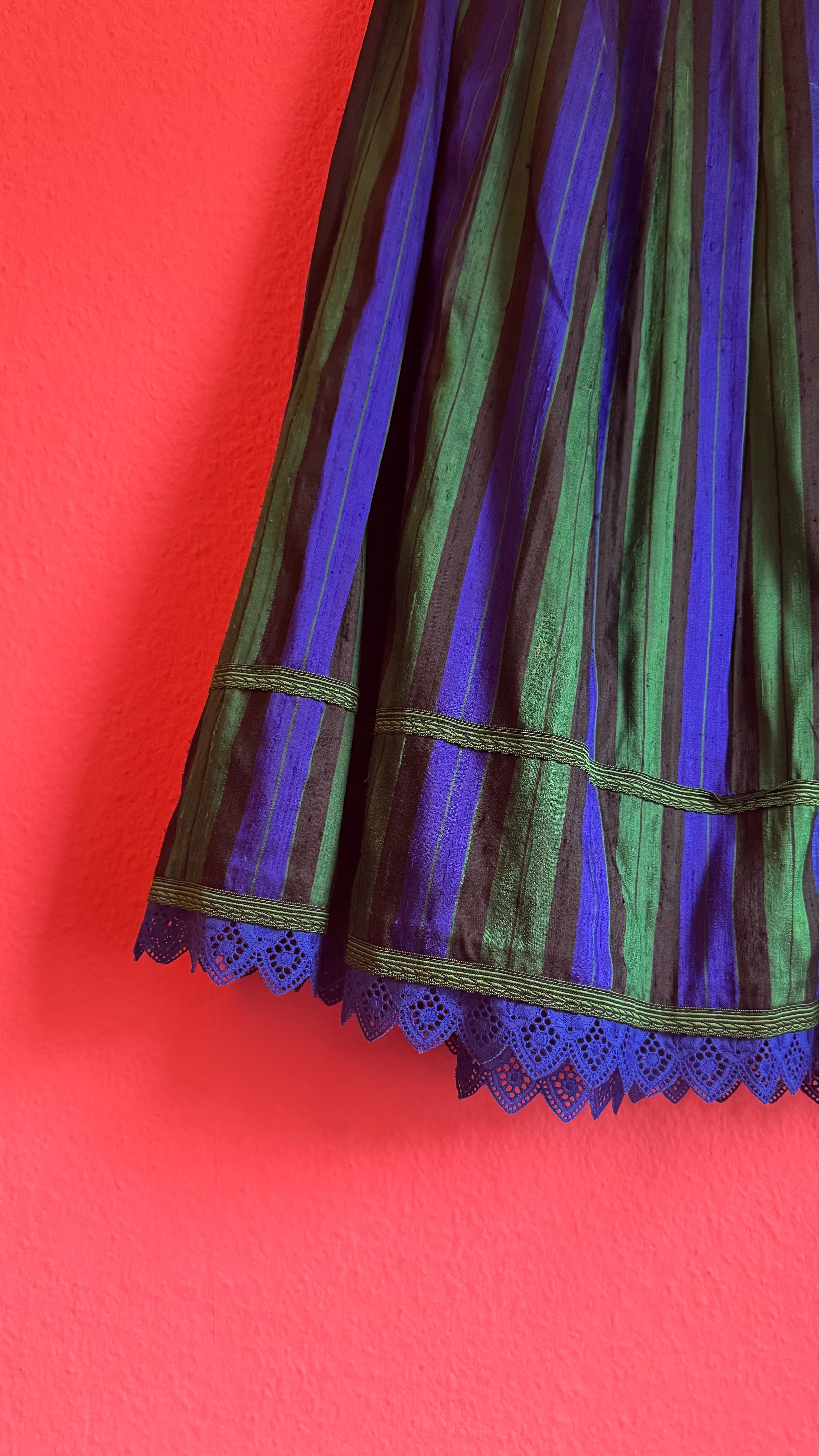 Vintage 1980s Silk Dirndl Skirt With Blue Green Stripes
