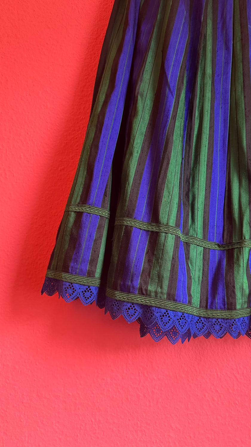 Vintage 1980s Silk Dirndl Skirt With Blue Green Stripes