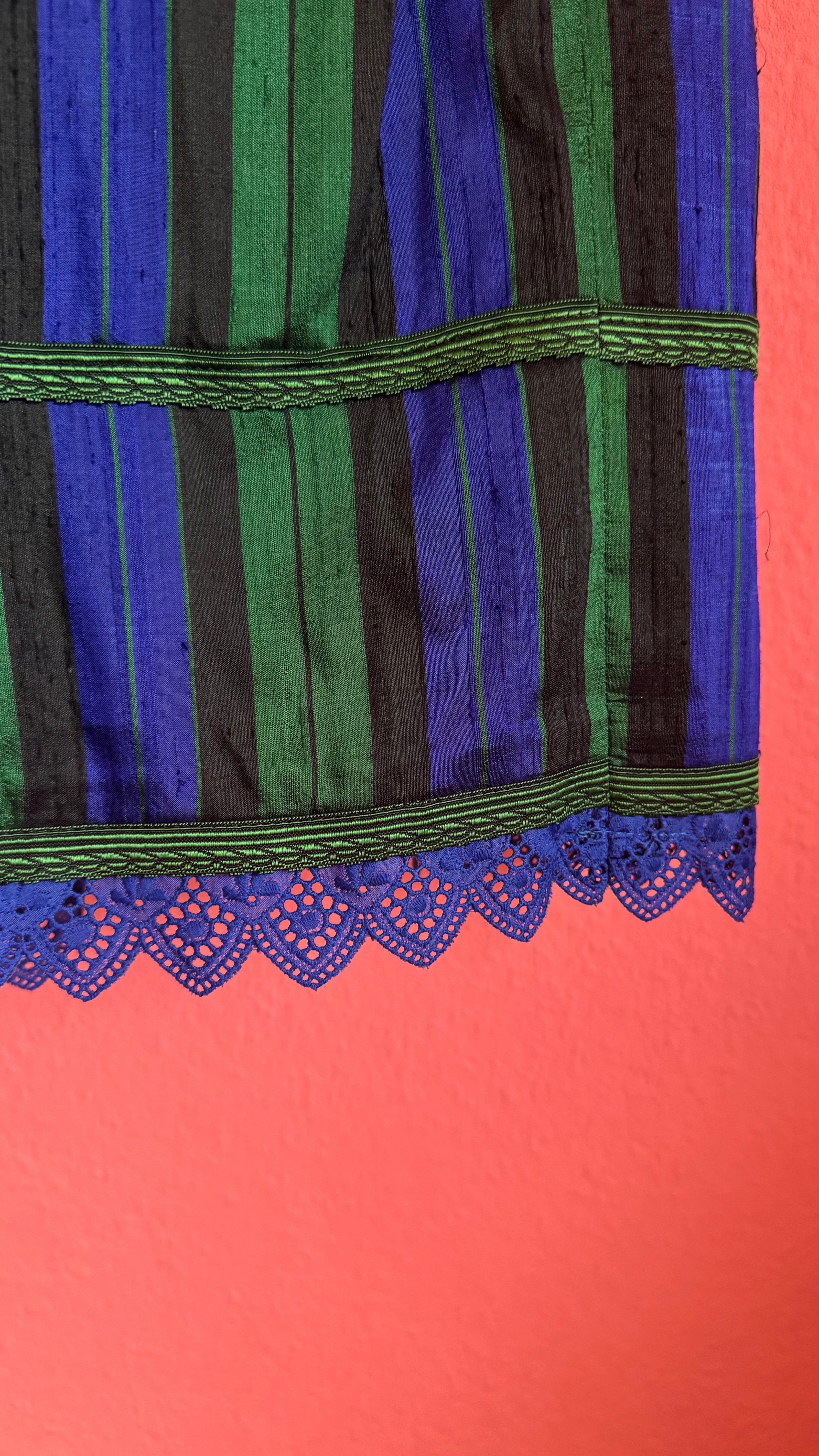 Vintage 1980s Silk Dirndl Skirt With Blue Green Stripes