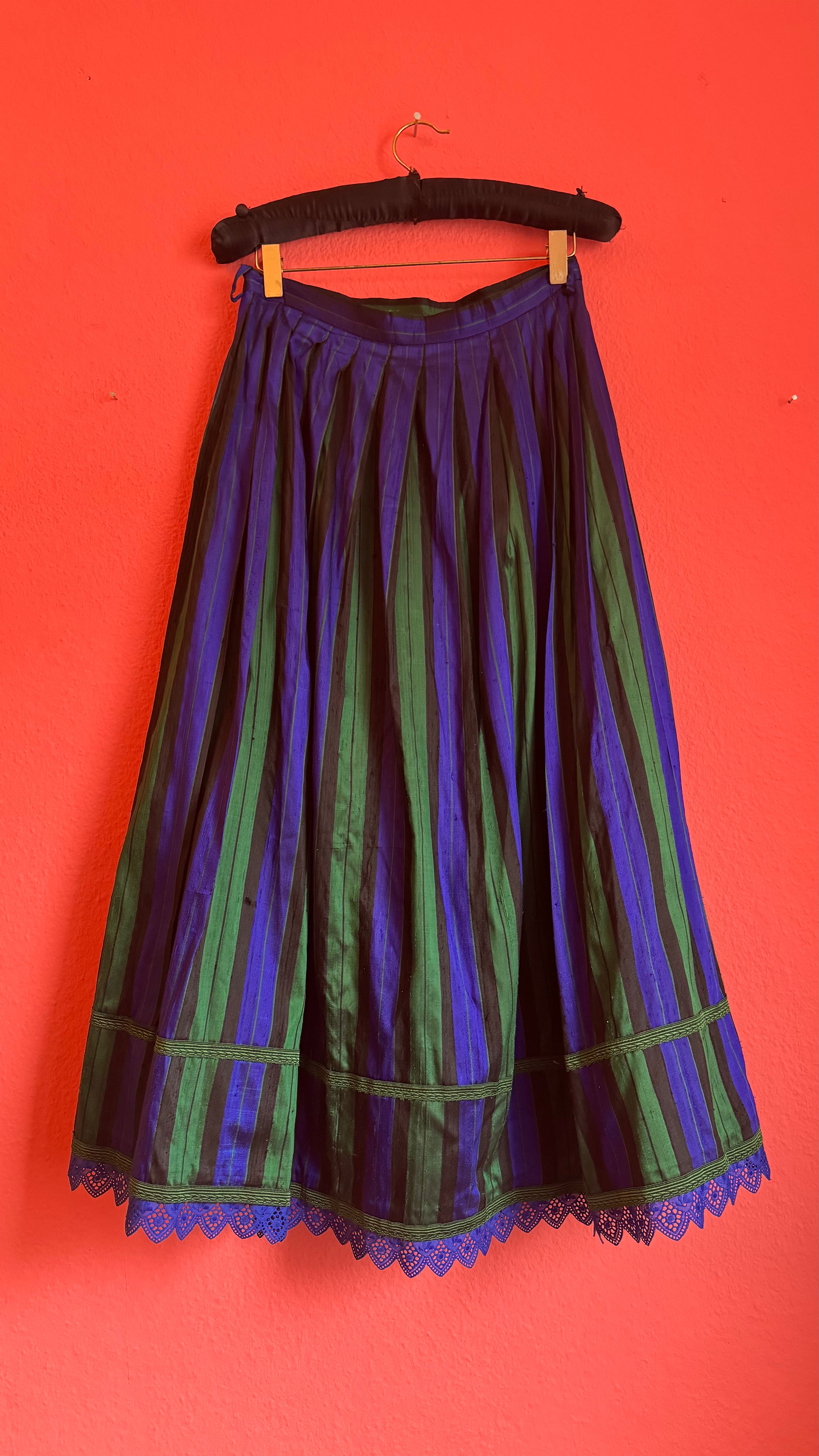 Vintage 1980s Silk Dirndl Skirt With Blue Green Stripes
