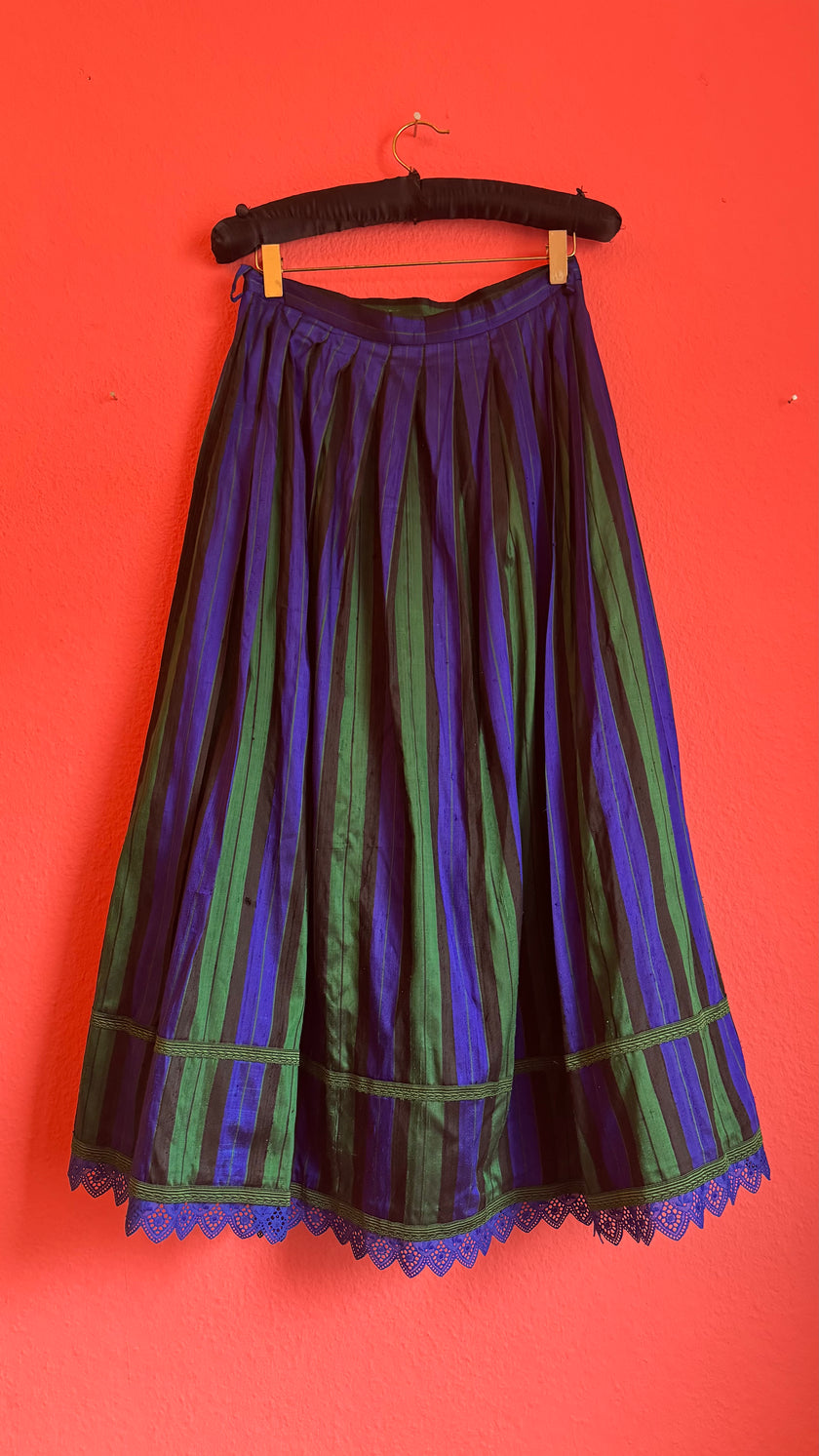 Vintage 1980s Silk Dirndl Skirt With Blue Green Stripes