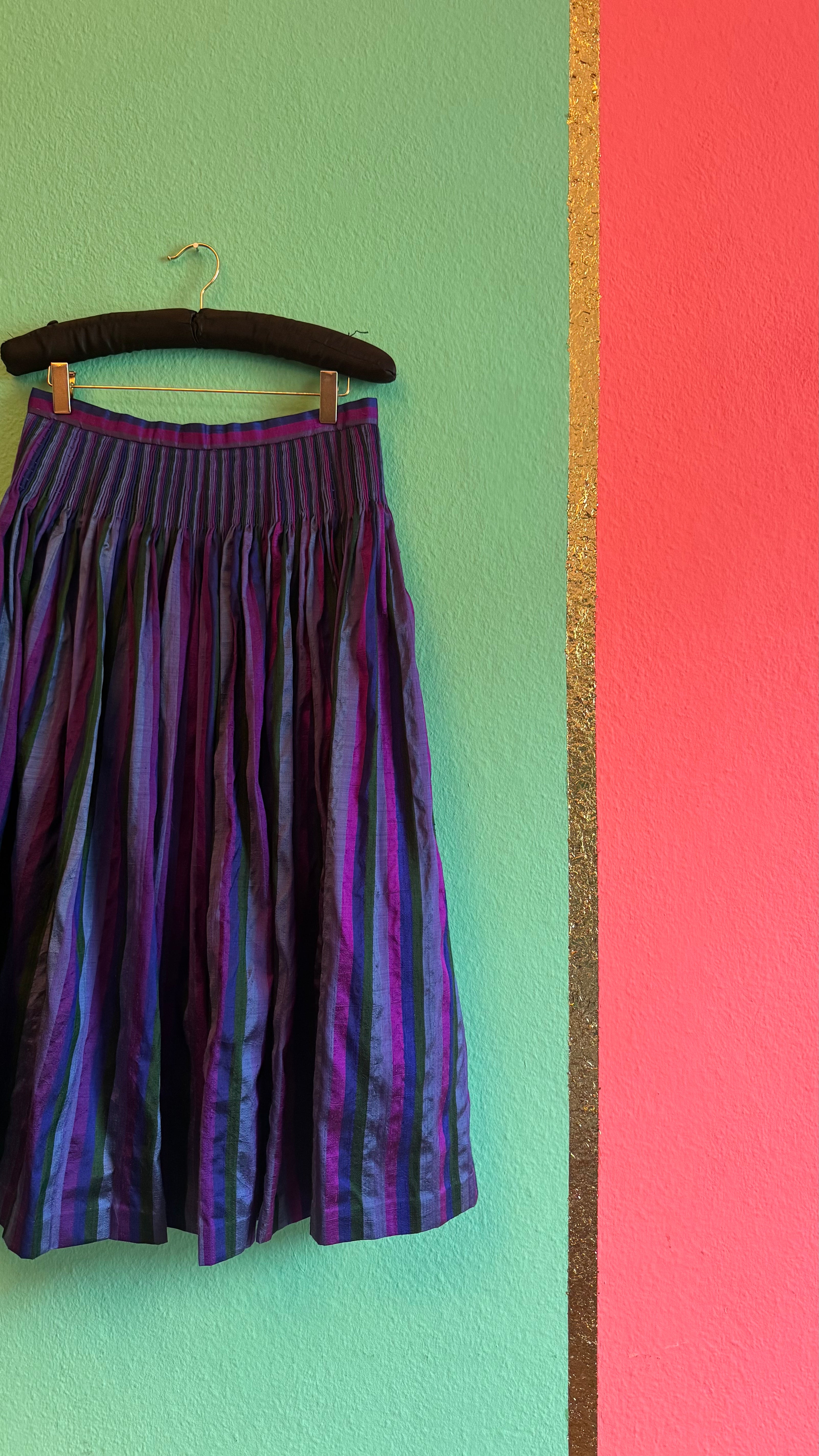 Vintage 1980s Silk Dirndl Skirt With Purple Green Stripes