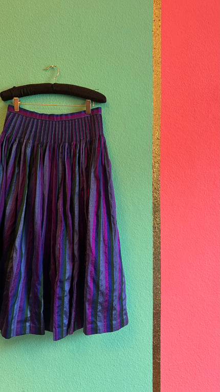 Vintage 1980s Silk Dirndl Skirt With Purple Green Stripes