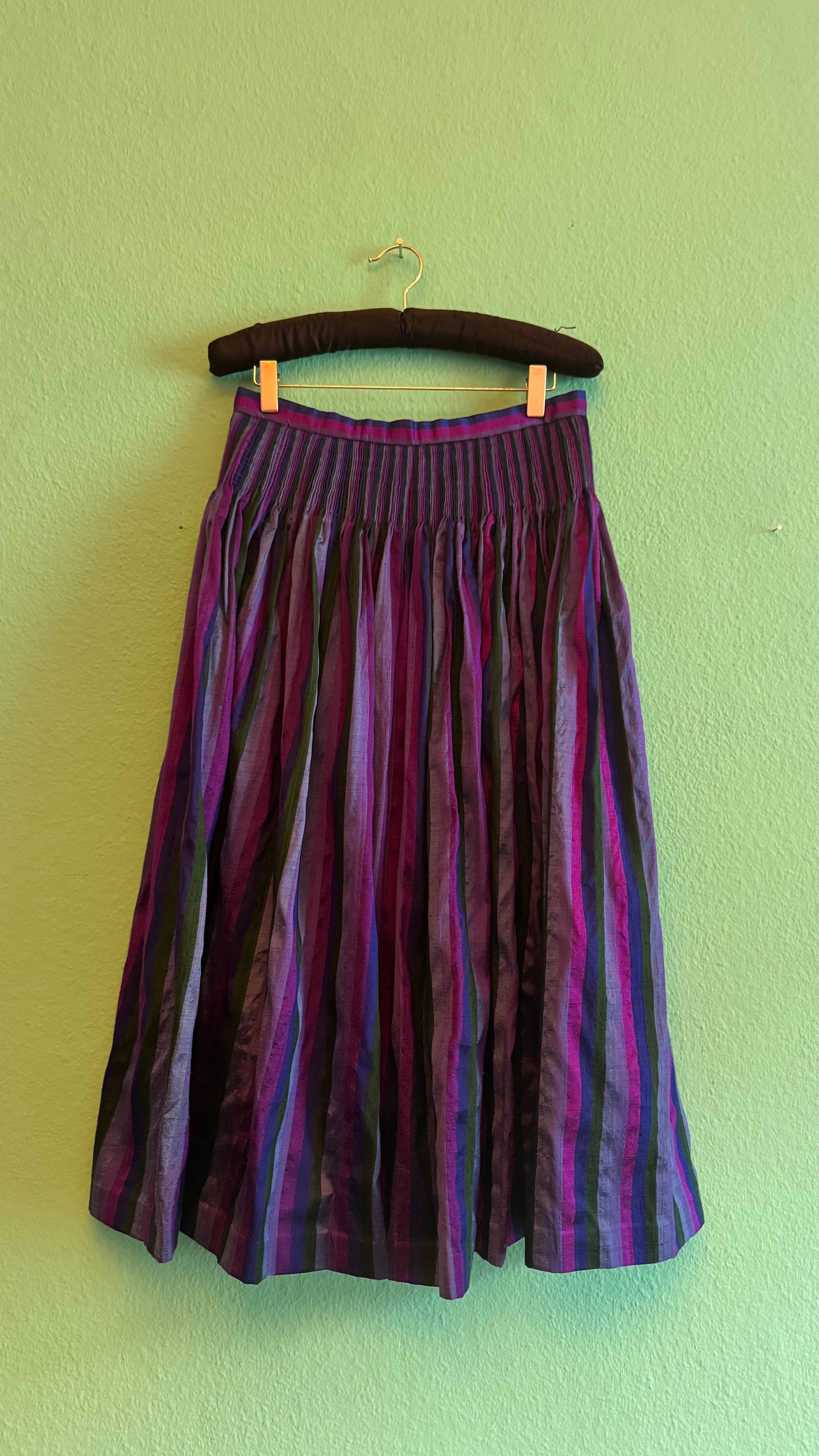 Vintage 1980s Silk Dirndl Skirt With Purple Green Stripes