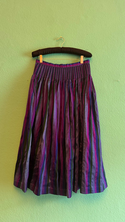 Vintage 1980s Silk Dirndl Skirt With Purple Green Stripes