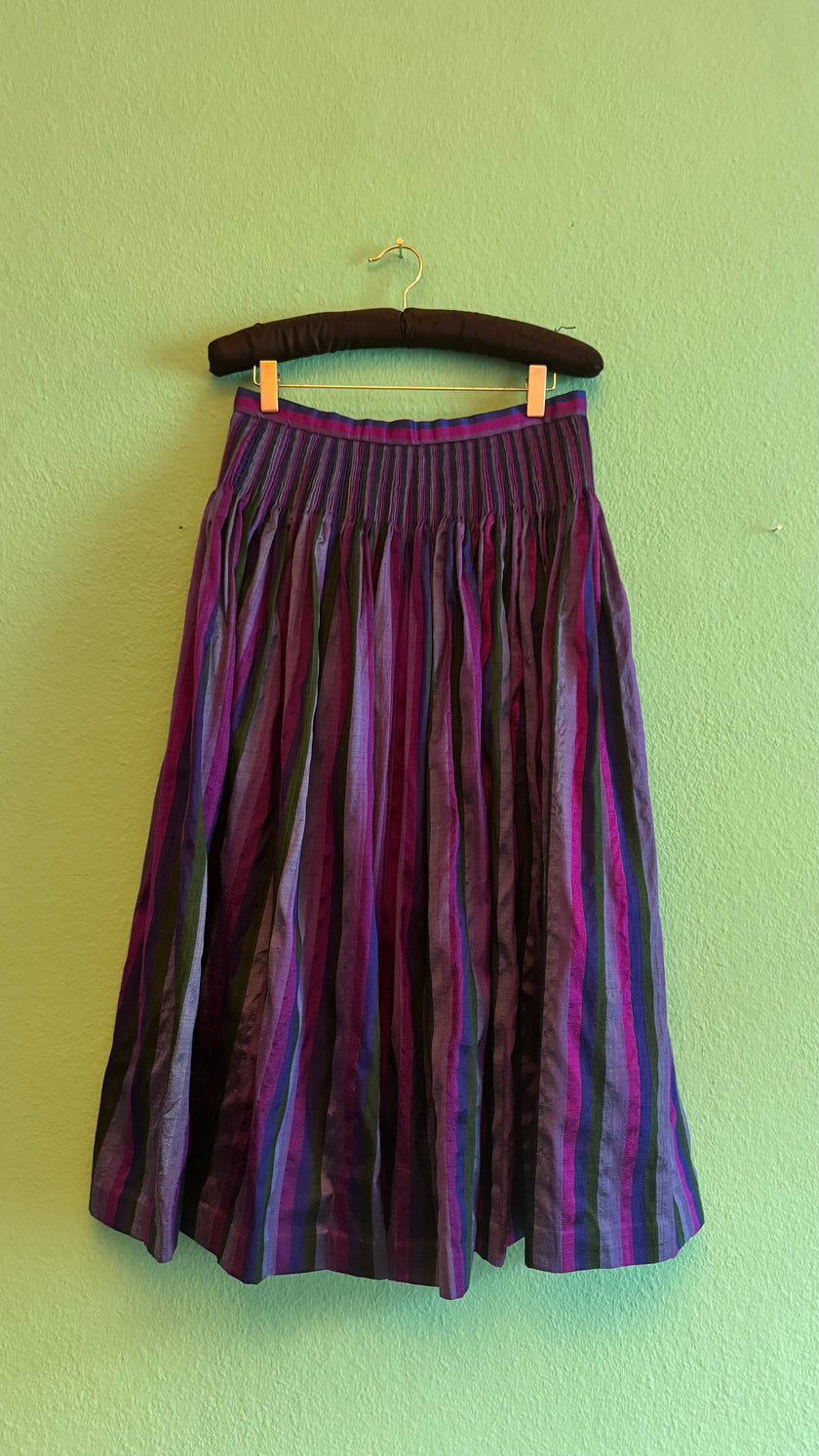 Vintage 1980s Silk Dirndl Skirt With Purple Green Stripes