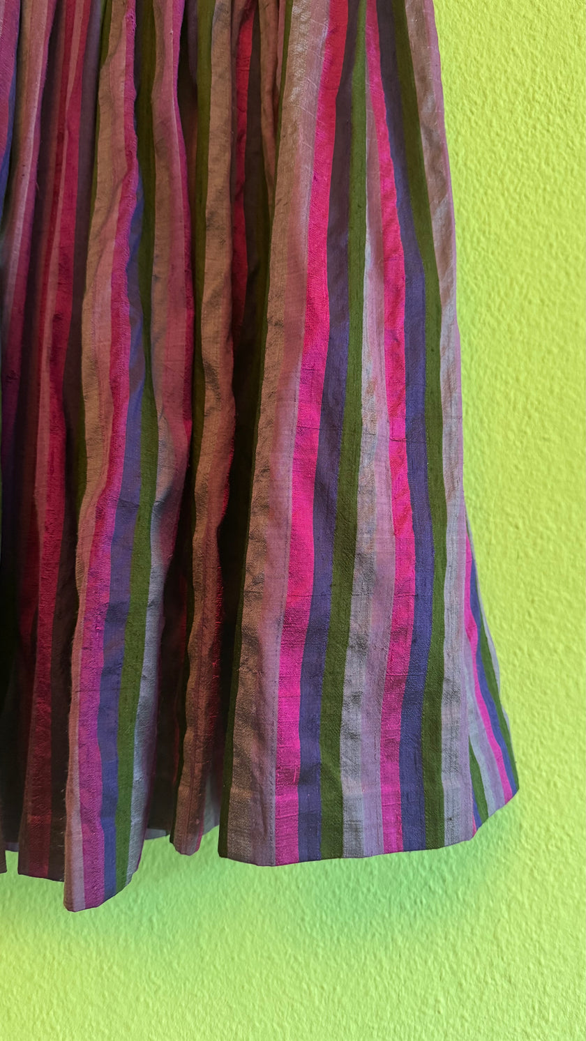 Vintage 1980s Silk Dirndl Skirt With Purple Green Stripes