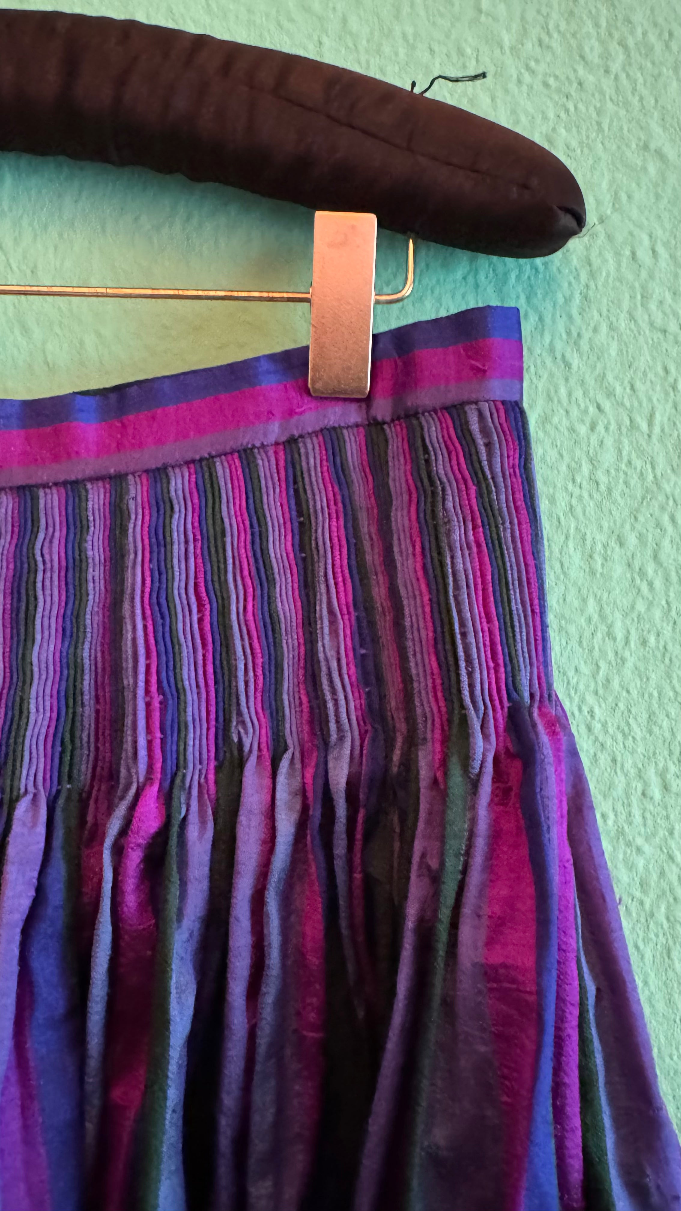 Vintage 1980s Silk Dirndl Skirt With Purple Green Stripes