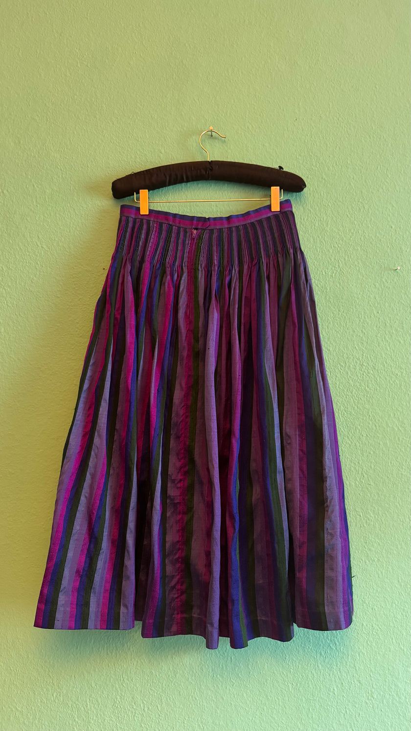 Vintage 1980s Silk Dirndl Skirt With Purple Green Stripes