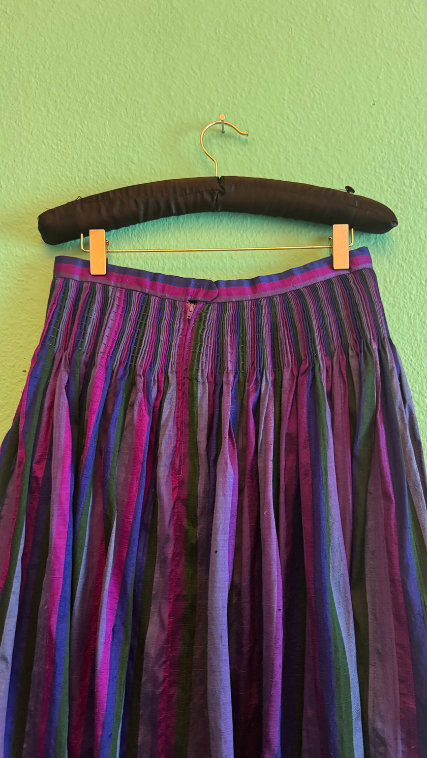 Vintage 1980s Silk Dirndl Skirt With Purple Green Stripes