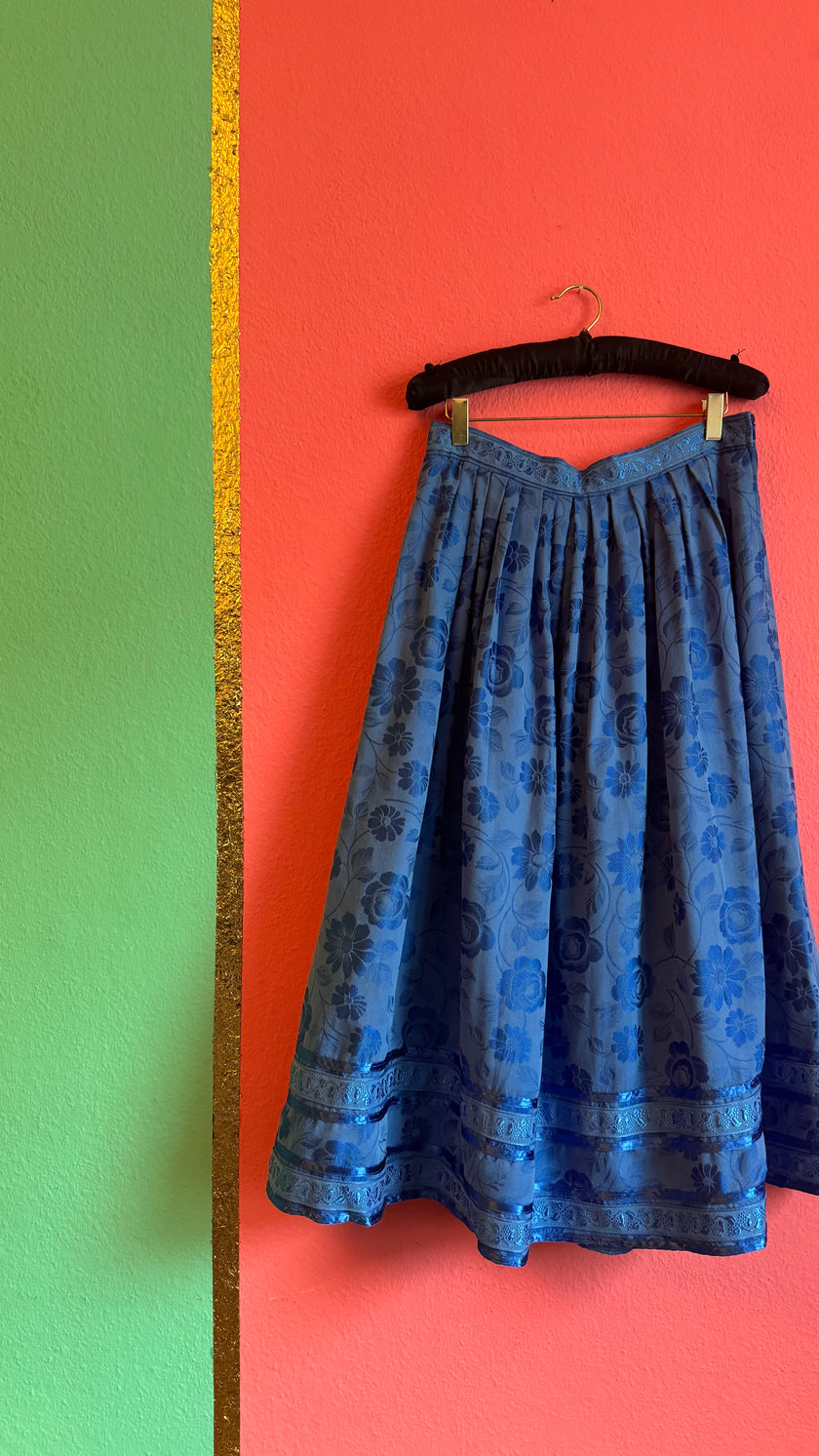 Vintage 1980s Blue Floral Tracht Dirndl Skirt