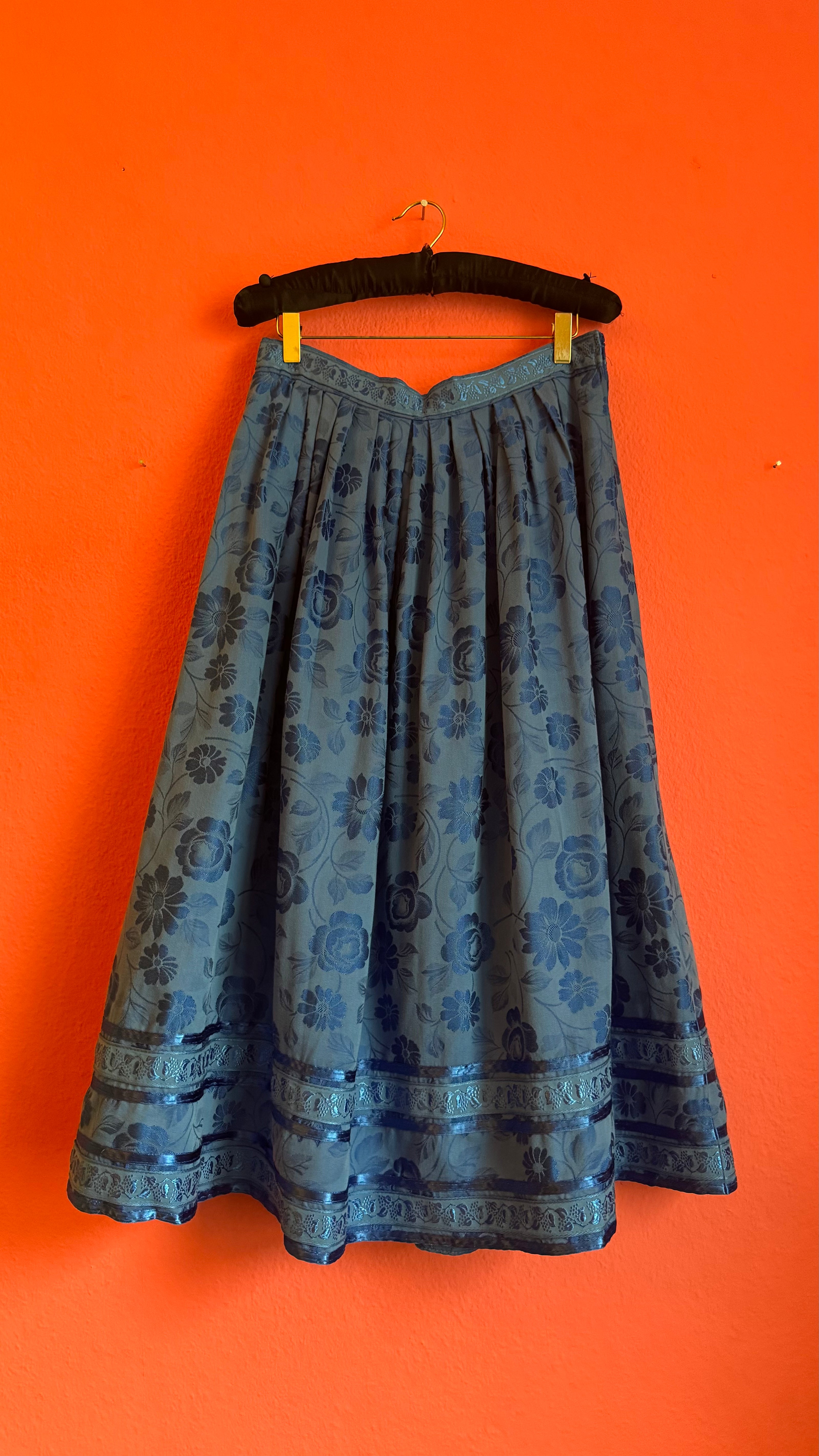 Vintage 1980s Blue Floral Tracht Dirndl Skirt
