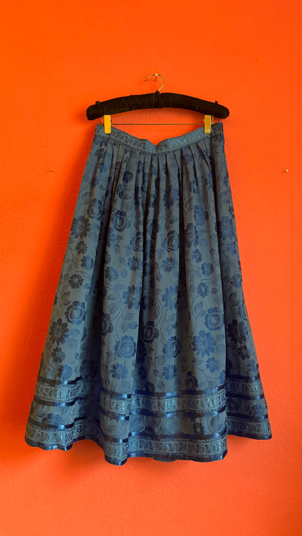 Vintage 1980s Blue Floral Tracht Dirndl Skirt
