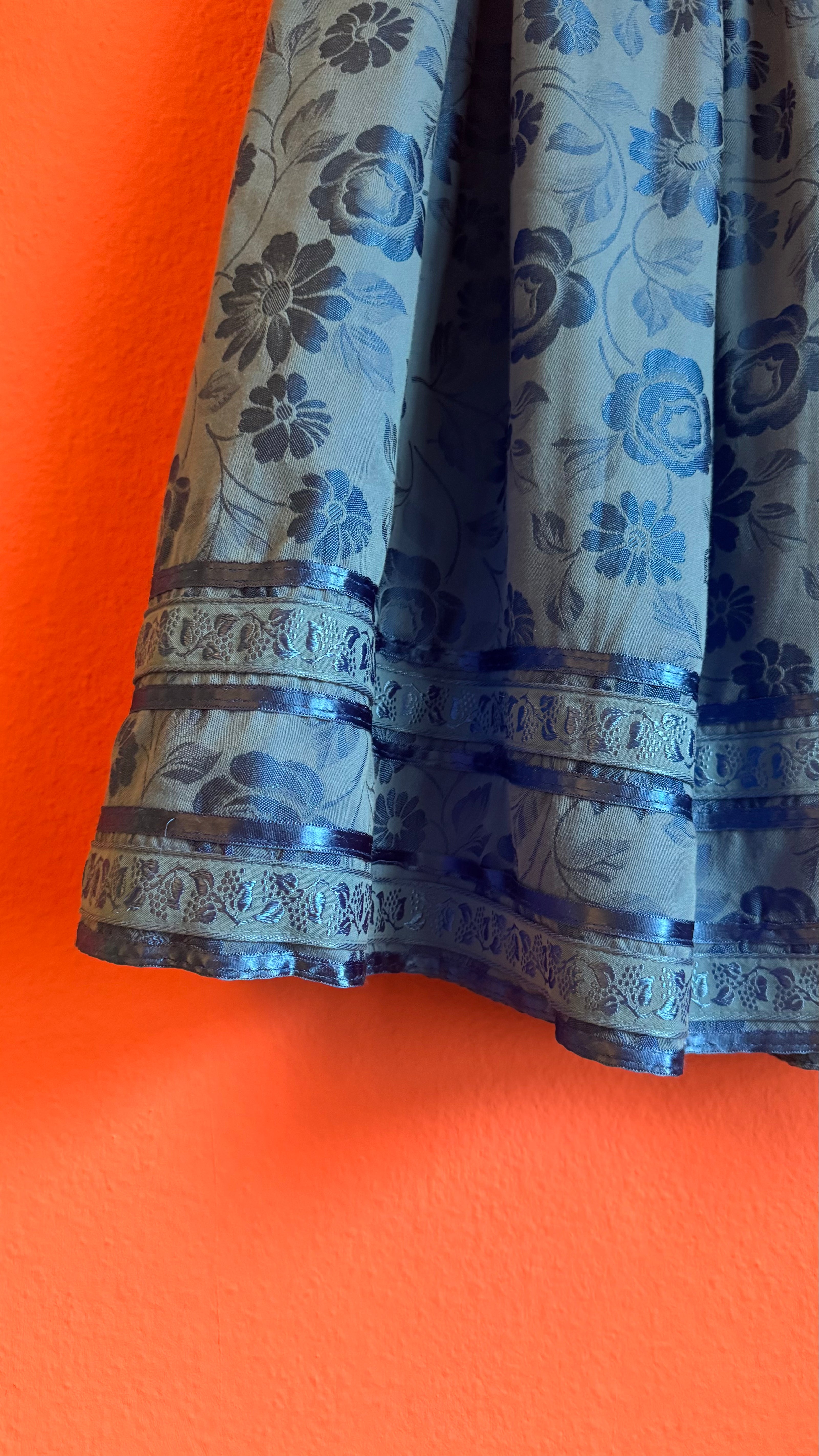 Vintage 1980s Blue Floral Tracht Dirndl Skirt