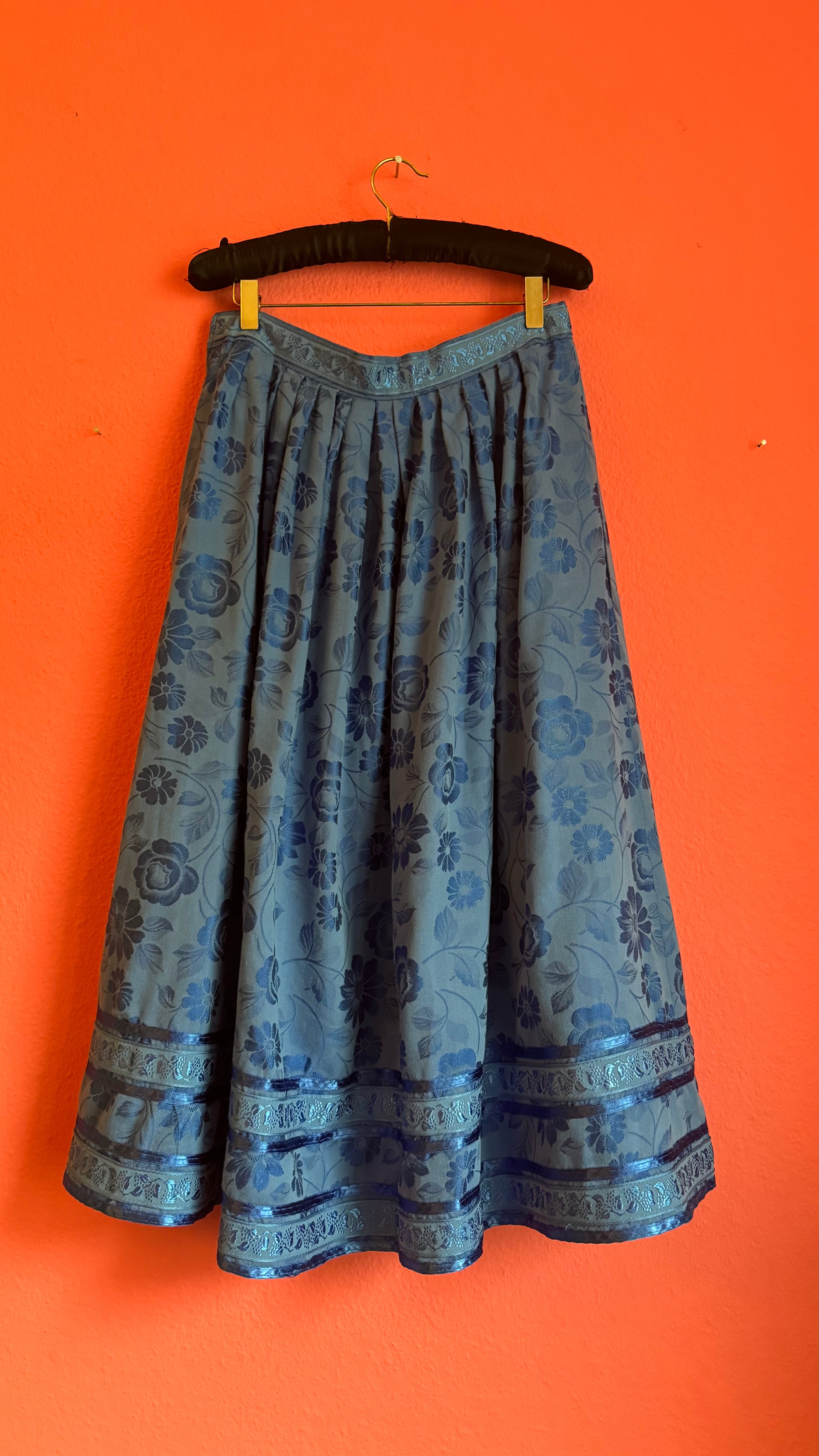 Vintage 1980s Blue Floral Tracht Dirndl Skirt