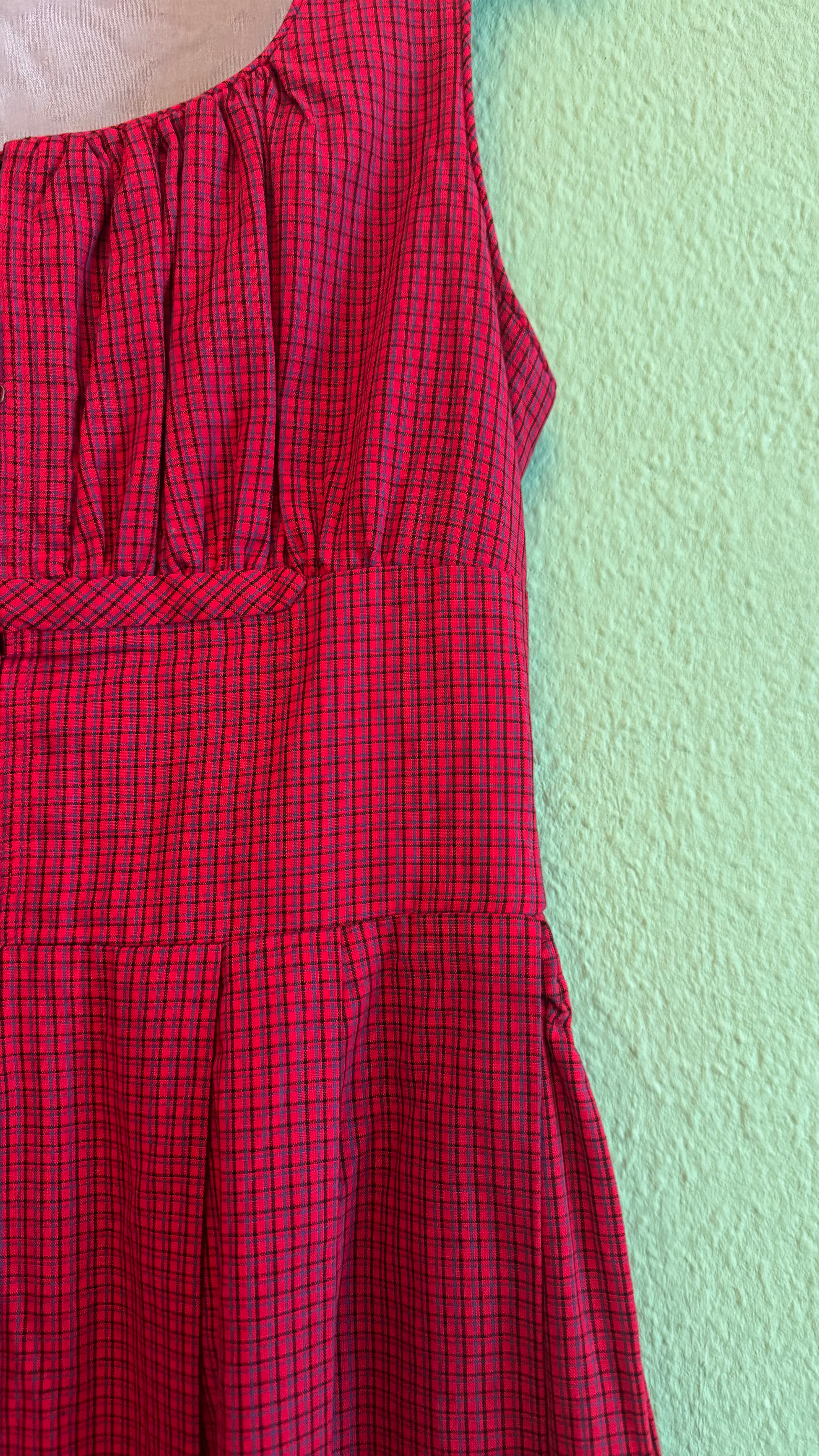 Vintage 1970s Red Micro-Check Dirndl Dress