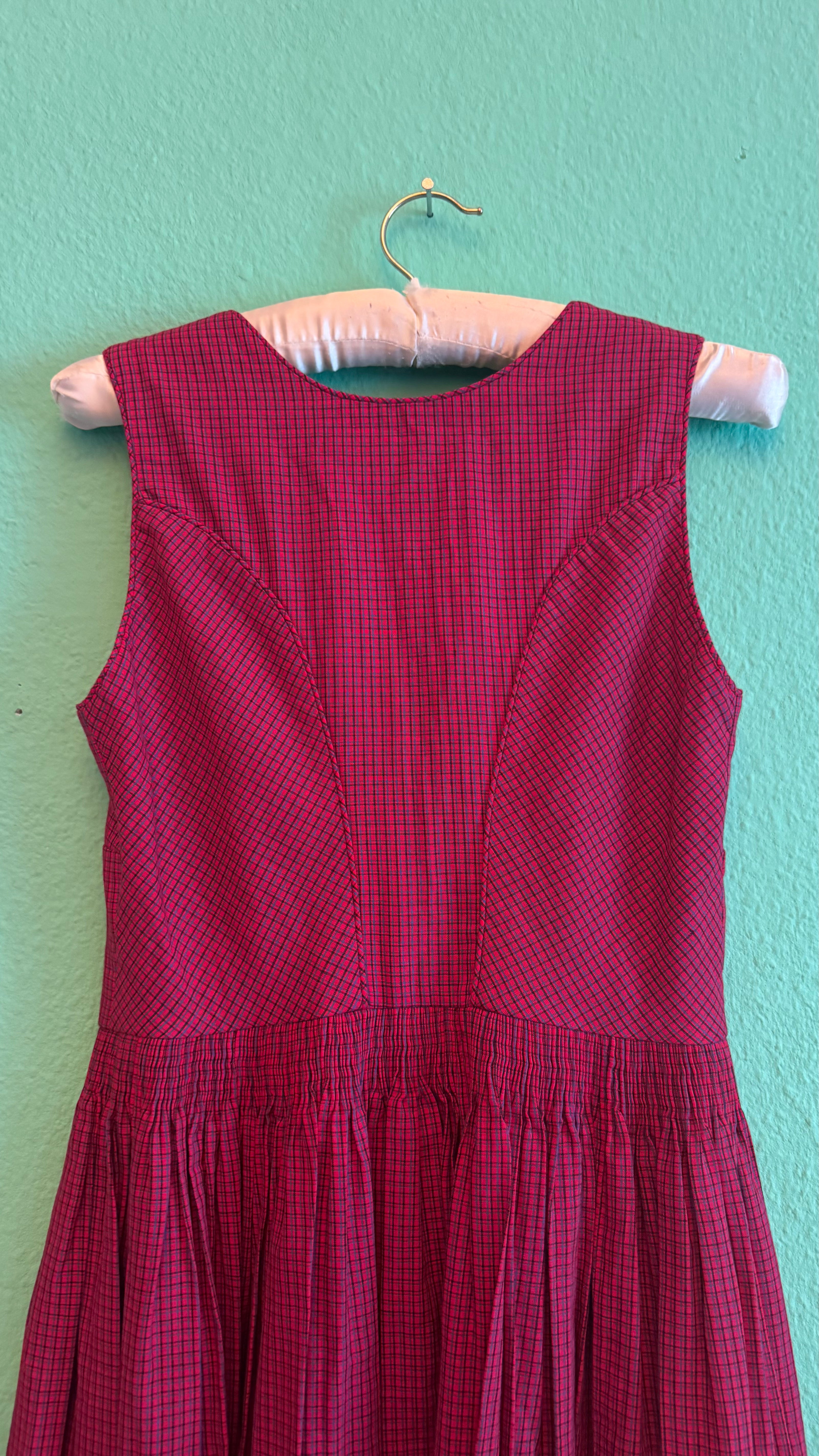 Vintage 1970s Red Micro-Check Dirndl Dress