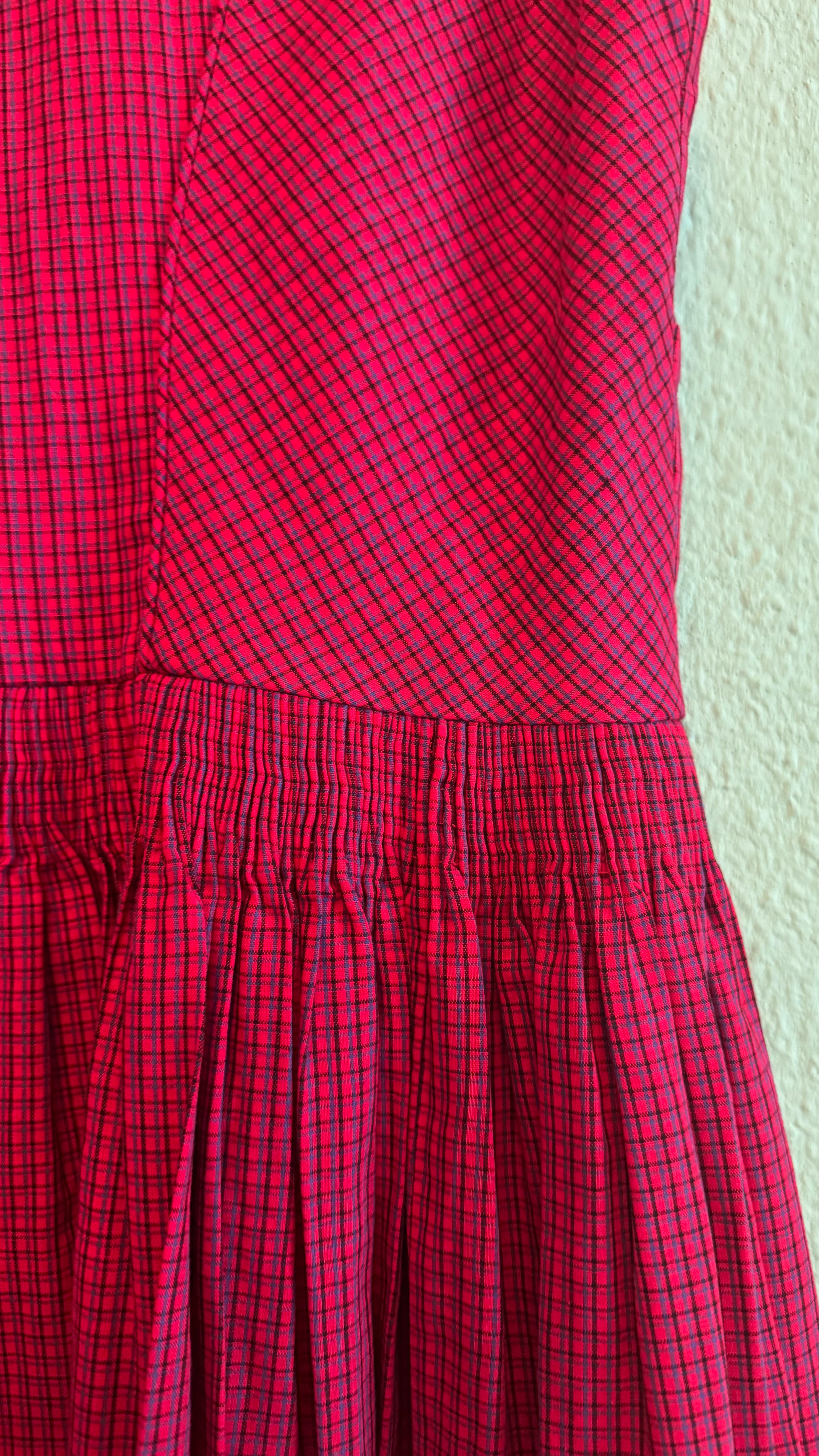 Vintage 1970s Red Micro-Check Dirndl Dress