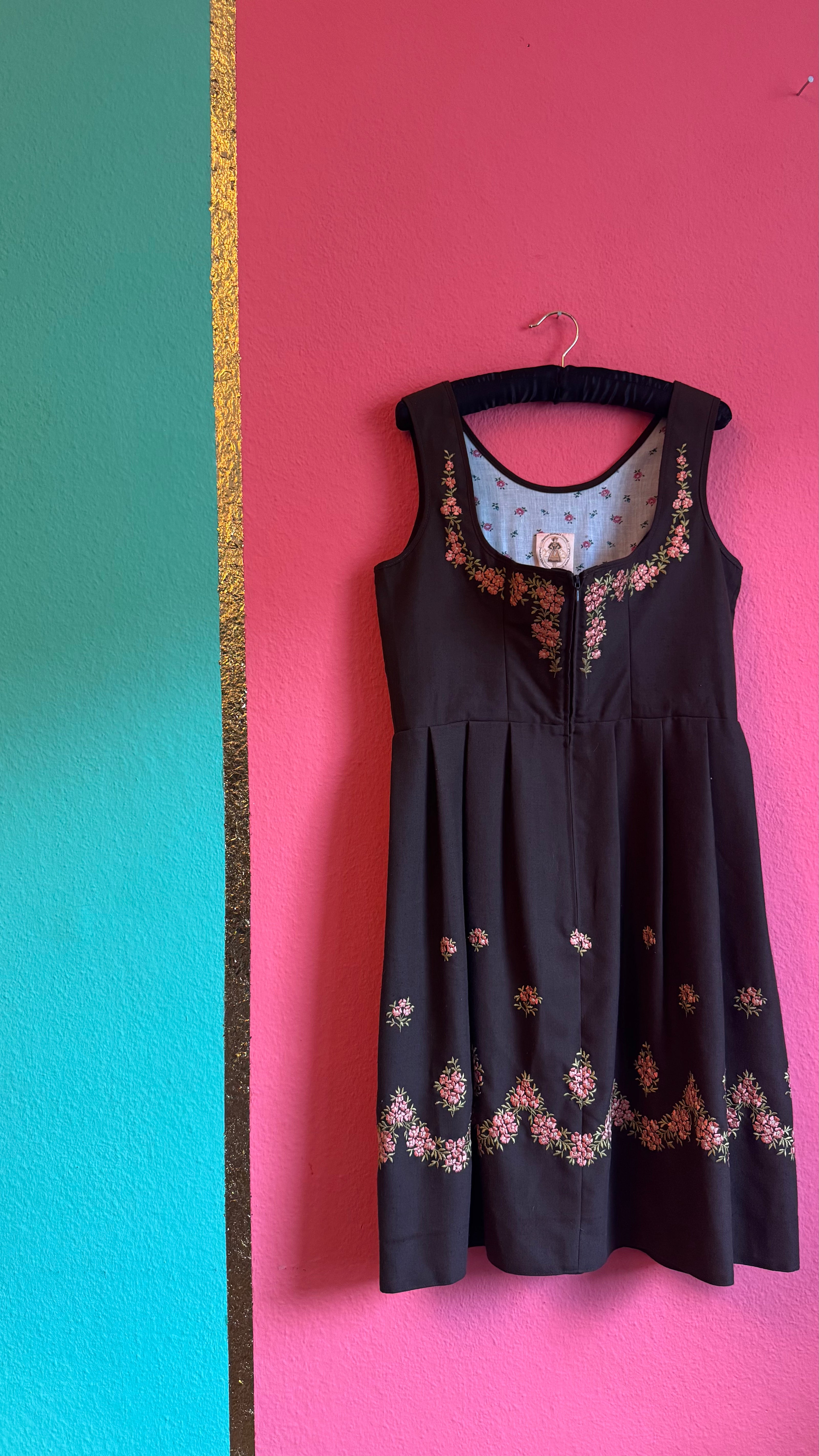 Vintage 1970s Black Embroidered Dirndl West Germany