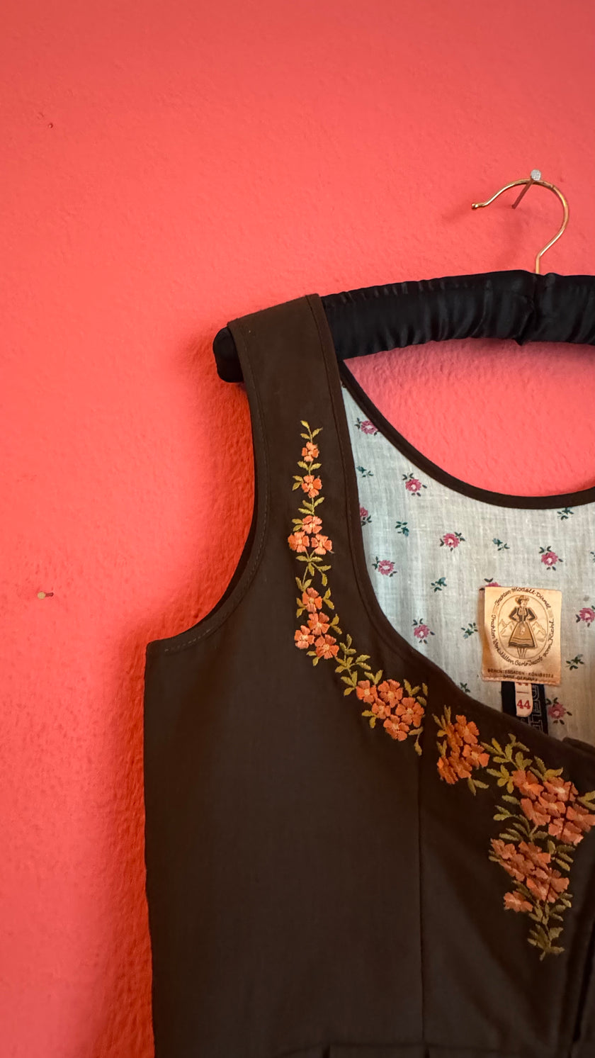 Vintage 1970s Black Embroidered Dirndl West Germany