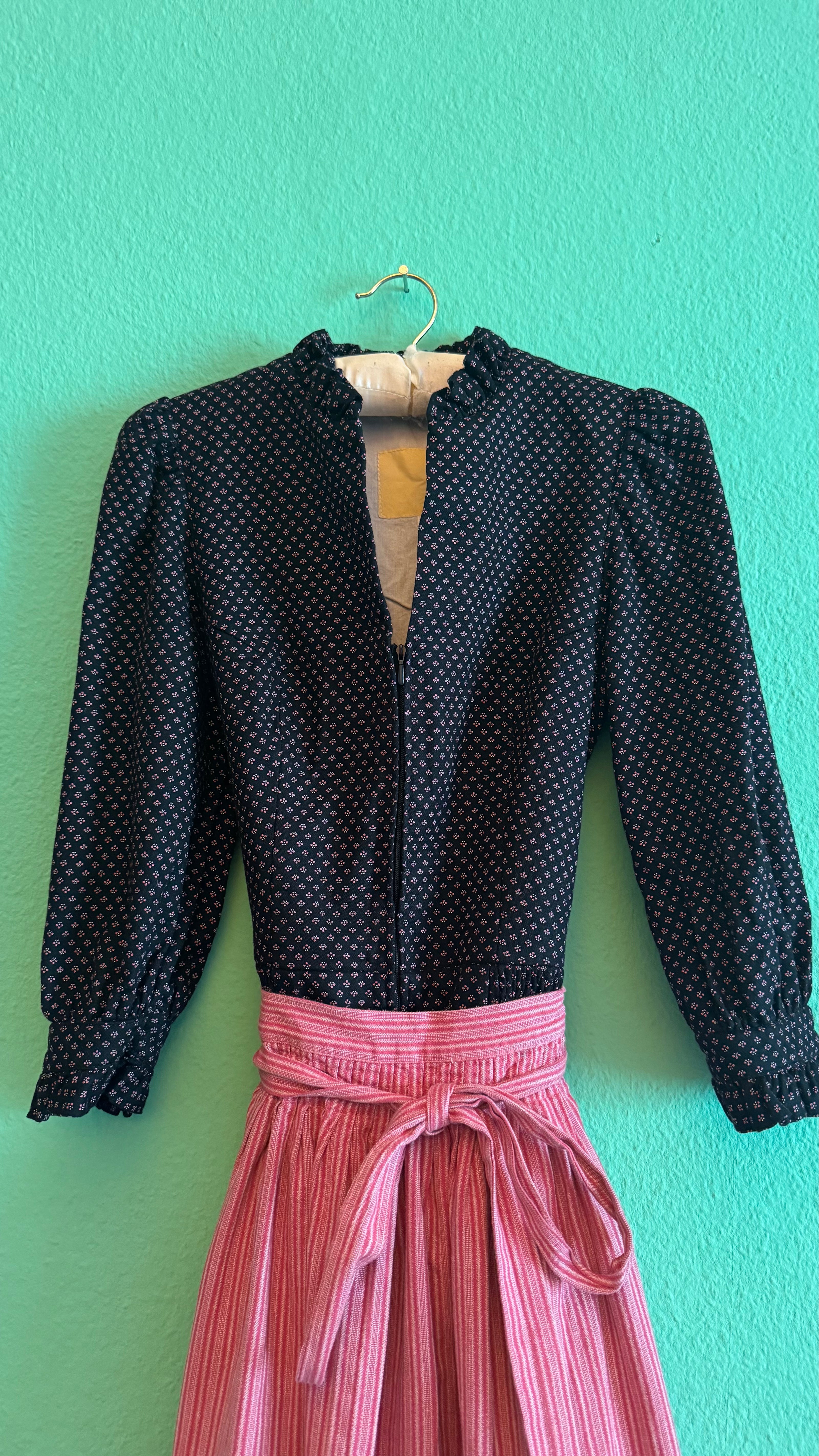 Vintage 1980s Deep Blue Printed Dirndl With Pink Apron