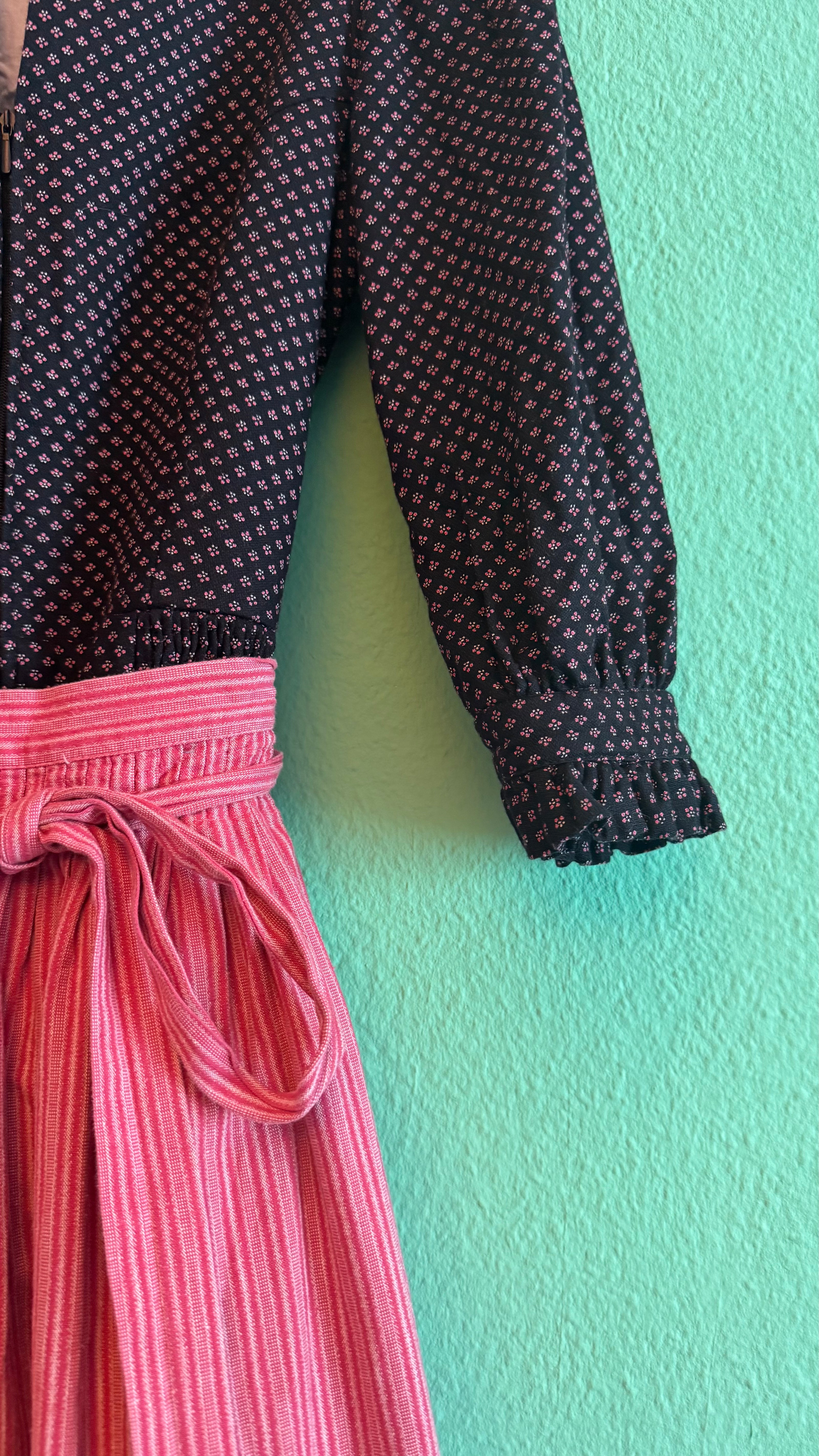 Vintage 1980s Deep Blue Printed Dirndl With Pink Apron