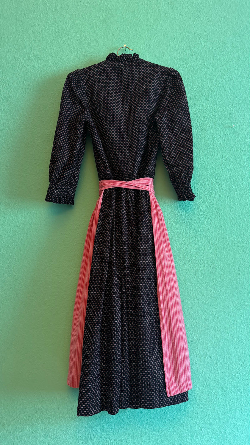 Vintage 1980s Deep Blue Printed Dirndl With Pink Apron