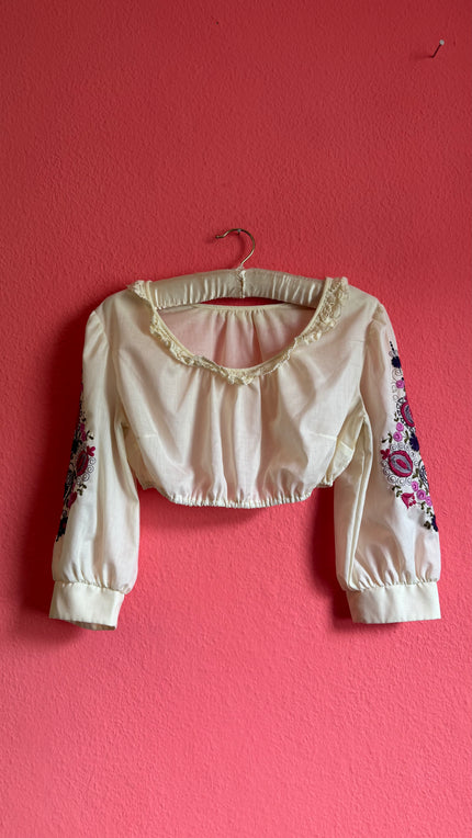 Vintage 1970s Ivory Embroidered Folk Cropped Blouse