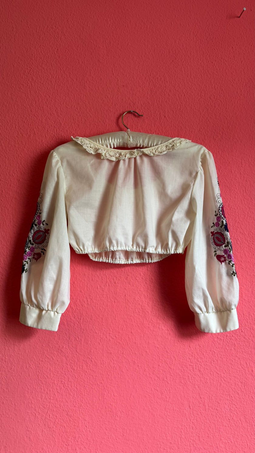 Vintage 1970s Ivory Embroidered Folk Cropped Blouse