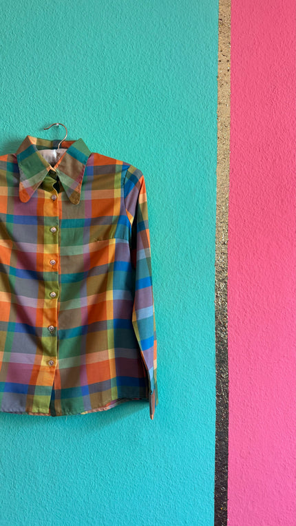 Vintage 1970s Multicolor Plaid Blouse by Adriana Italia