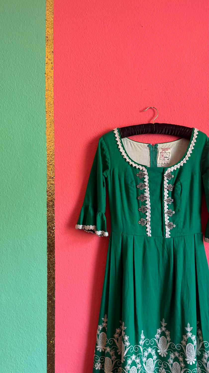 Vintage 1960s Green Embroidered Dirndl Dress by Chiemseer Dirndl