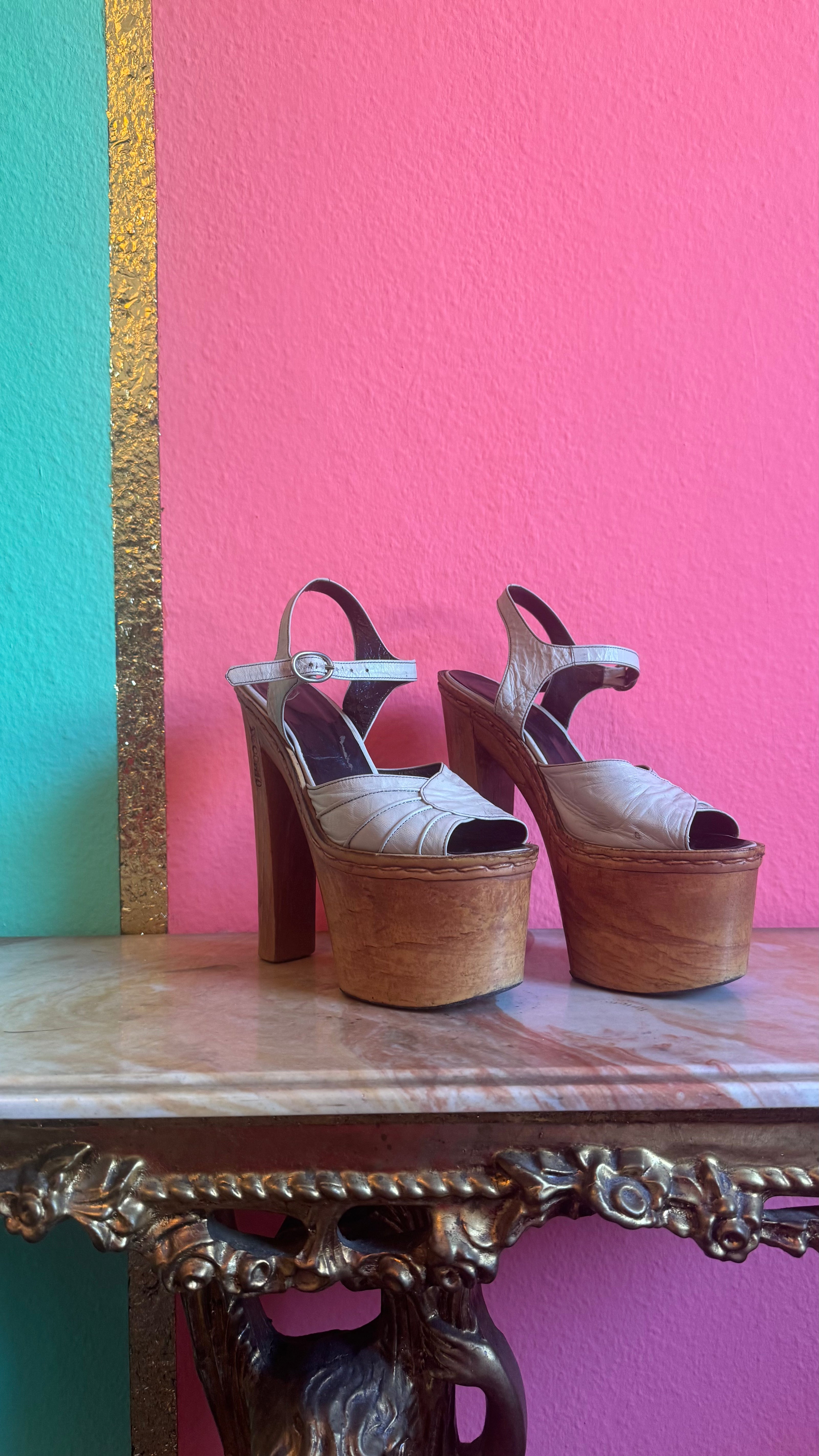 Vintage 1970s Cream Leather Platform Sandals With Wooden Heel by Deodato