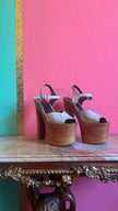 Vintage 1970s Cream Leather Platform Sandals With Wooden Heel by Deodato
