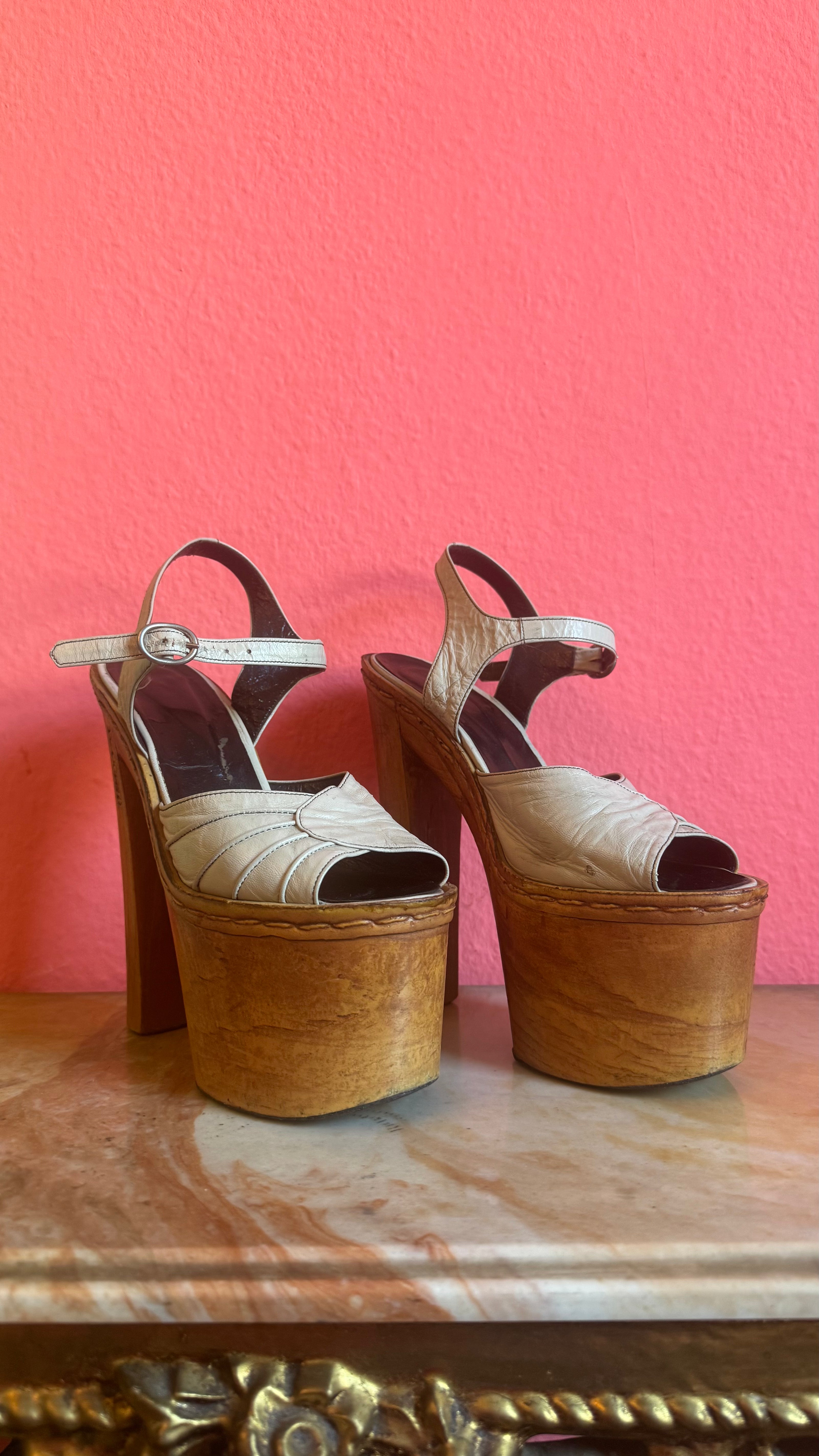 Vintage 1970s Cream Leather Platform Sandals With Wooden Heel by Deodato