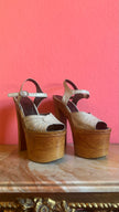 Vintage 1970s Cream Leather Platform Sandals With Wooden Heel by Deodato