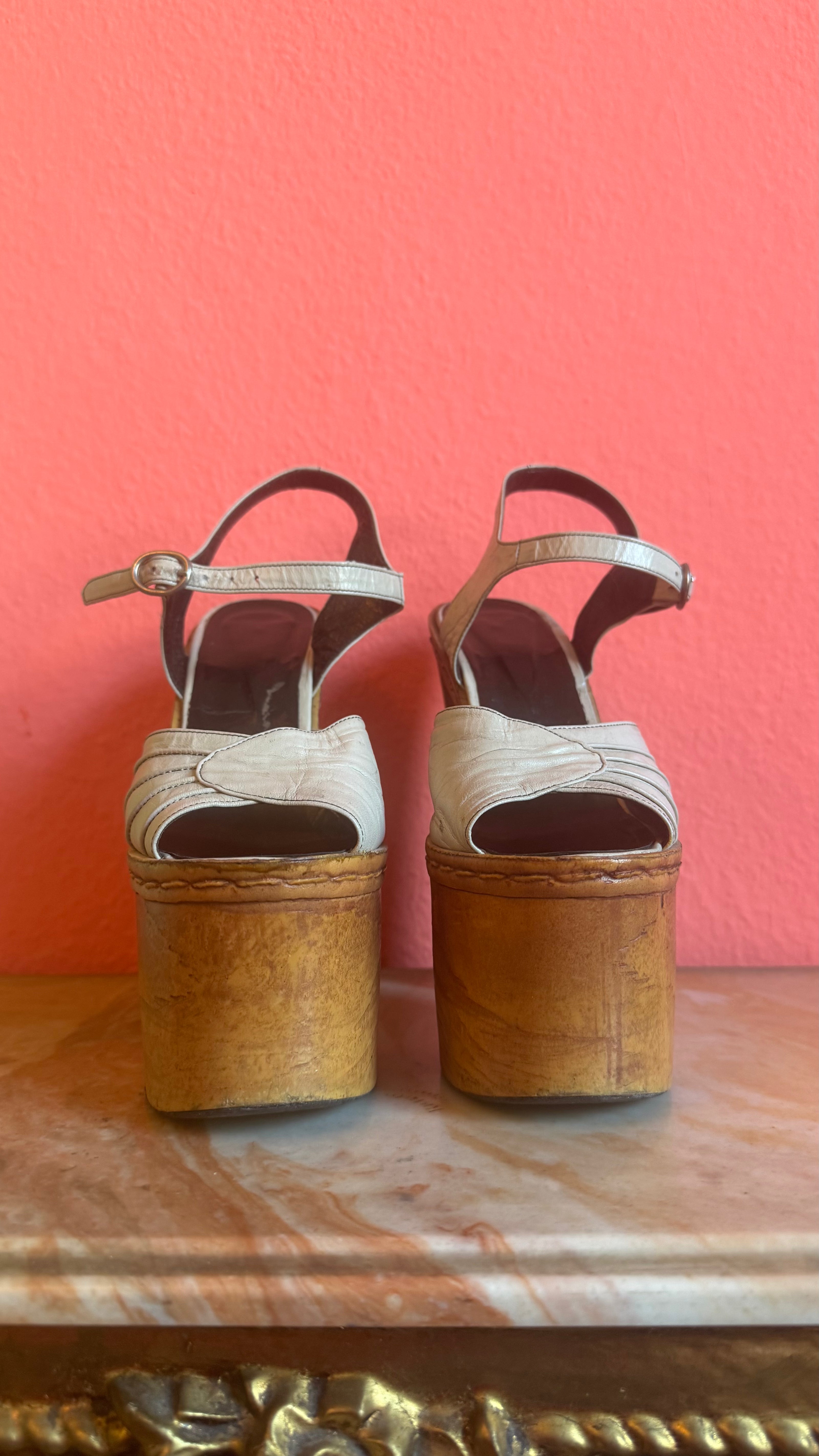 Vintage 1970s Cream Leather Platform Sandals With Wooden Heel by Deodato
