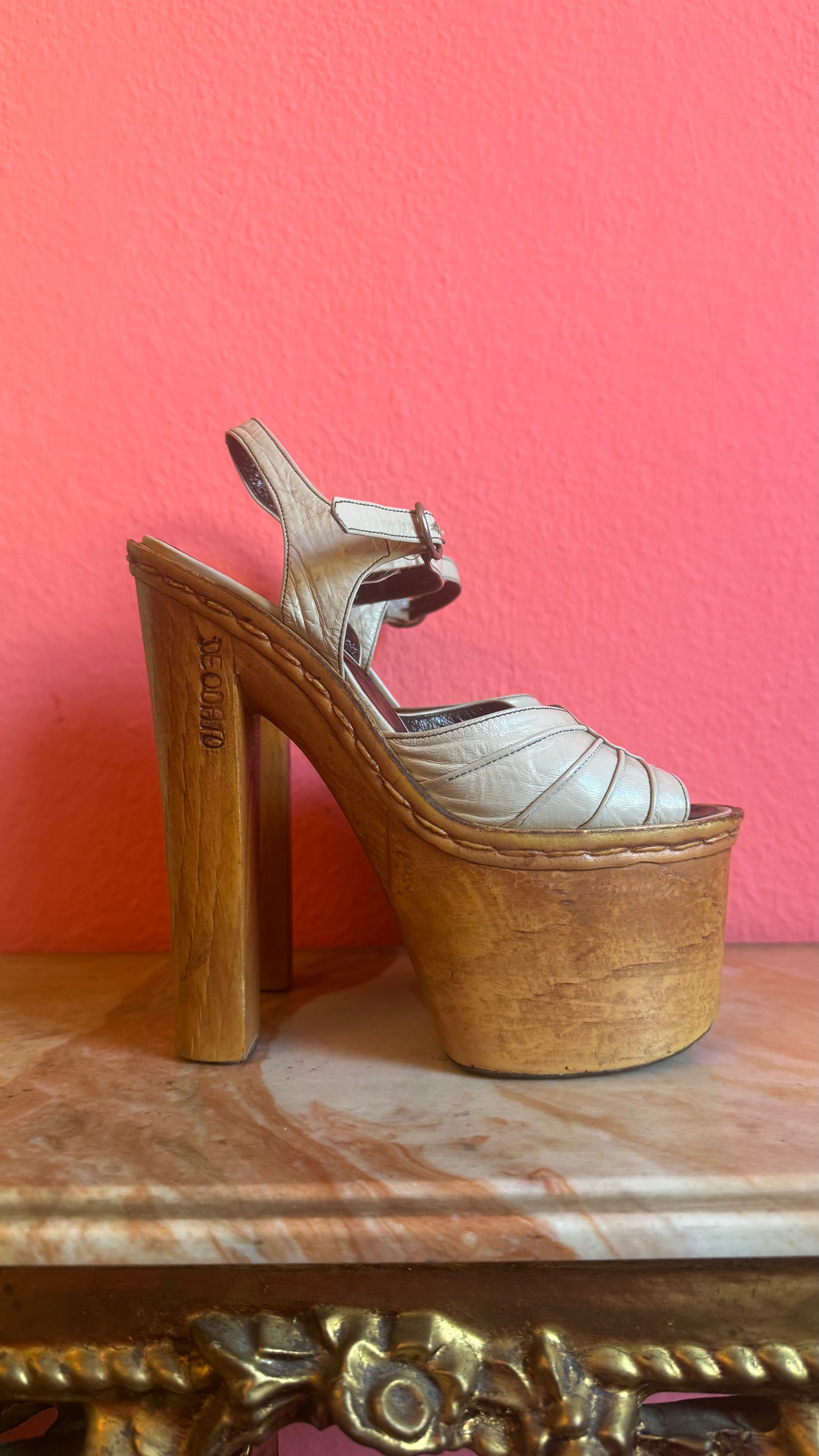 Vintage 1970s Cream Leather Platform Sandals With Wooden Heel by Deodato