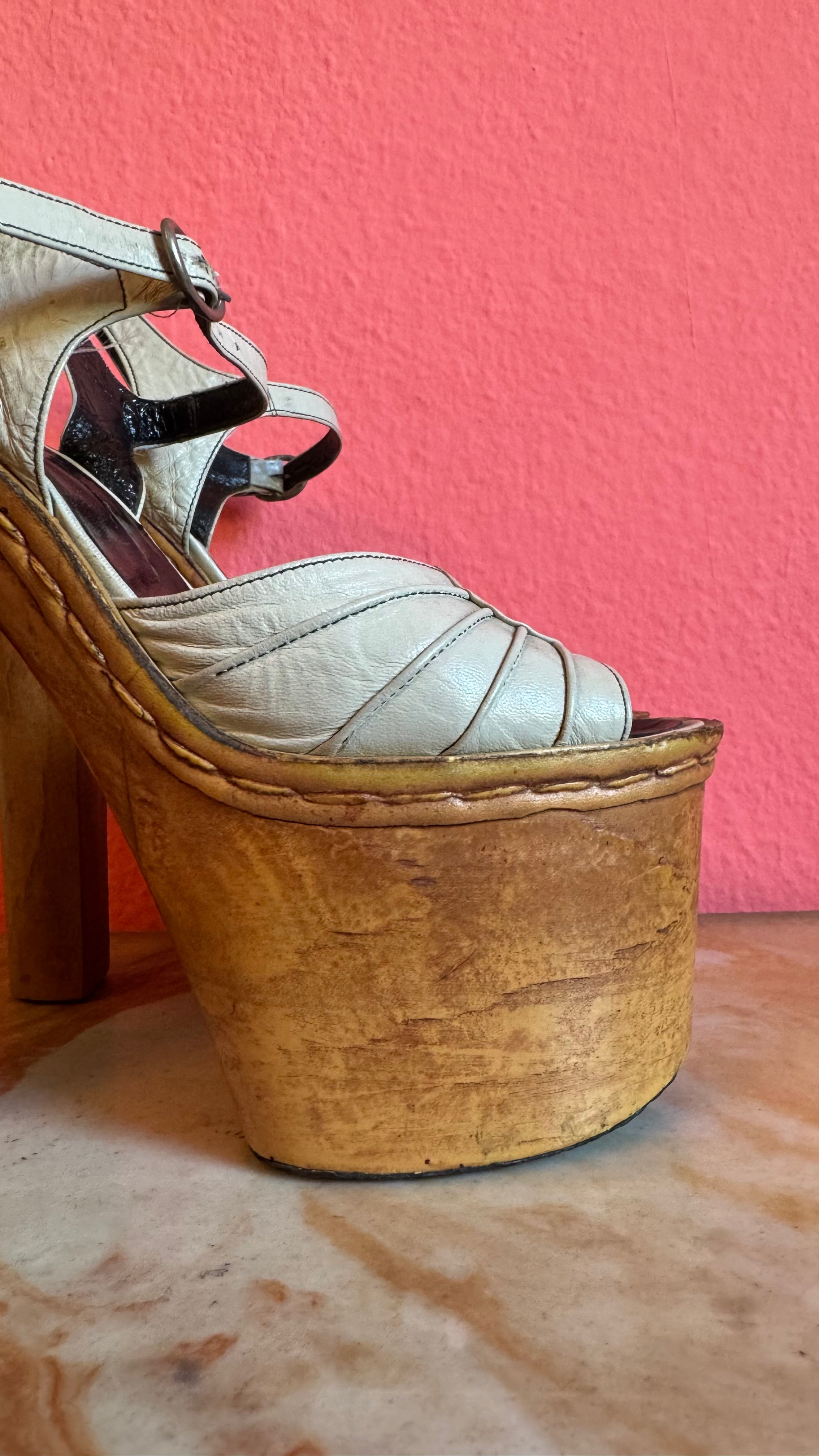 Vintage 1970s Cream Leather Platform Sandals With Wooden Heel by Deodato