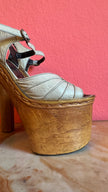 Vintage 1970s Cream Leather Platform Sandals With Wooden Heel by Deodato