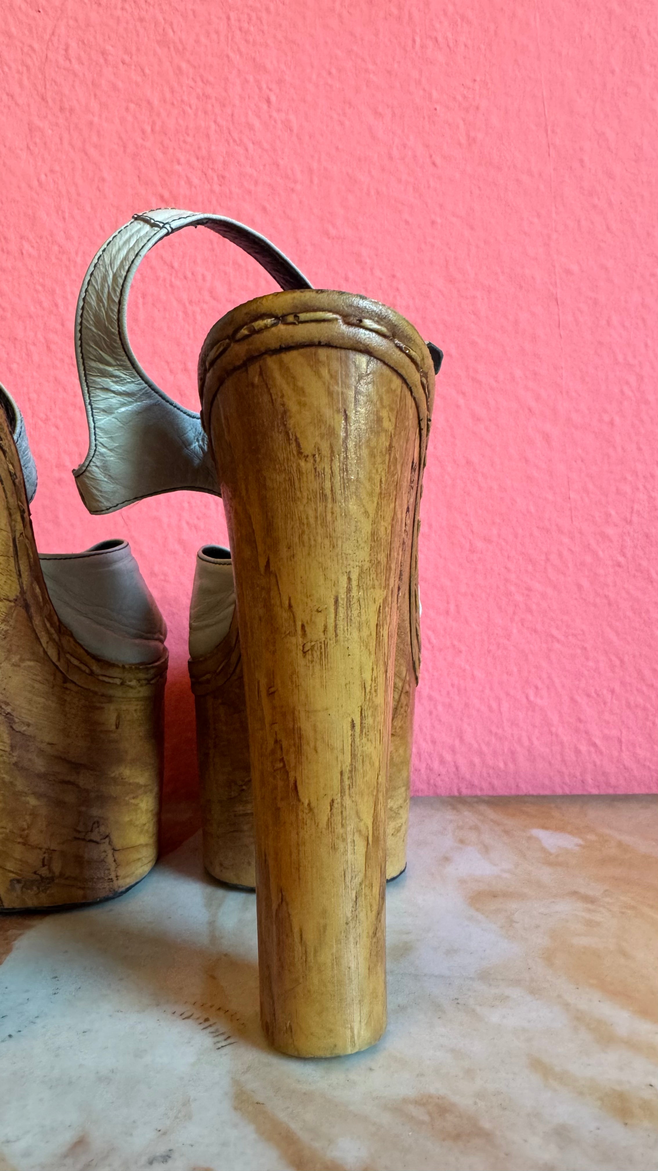Vintage 1970s Cream Leather Platform Sandals With Wooden Heel by Deodato