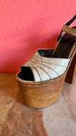 Vintage 1970s Cream Leather Platform Sandals With Wooden Heel by Deodato
